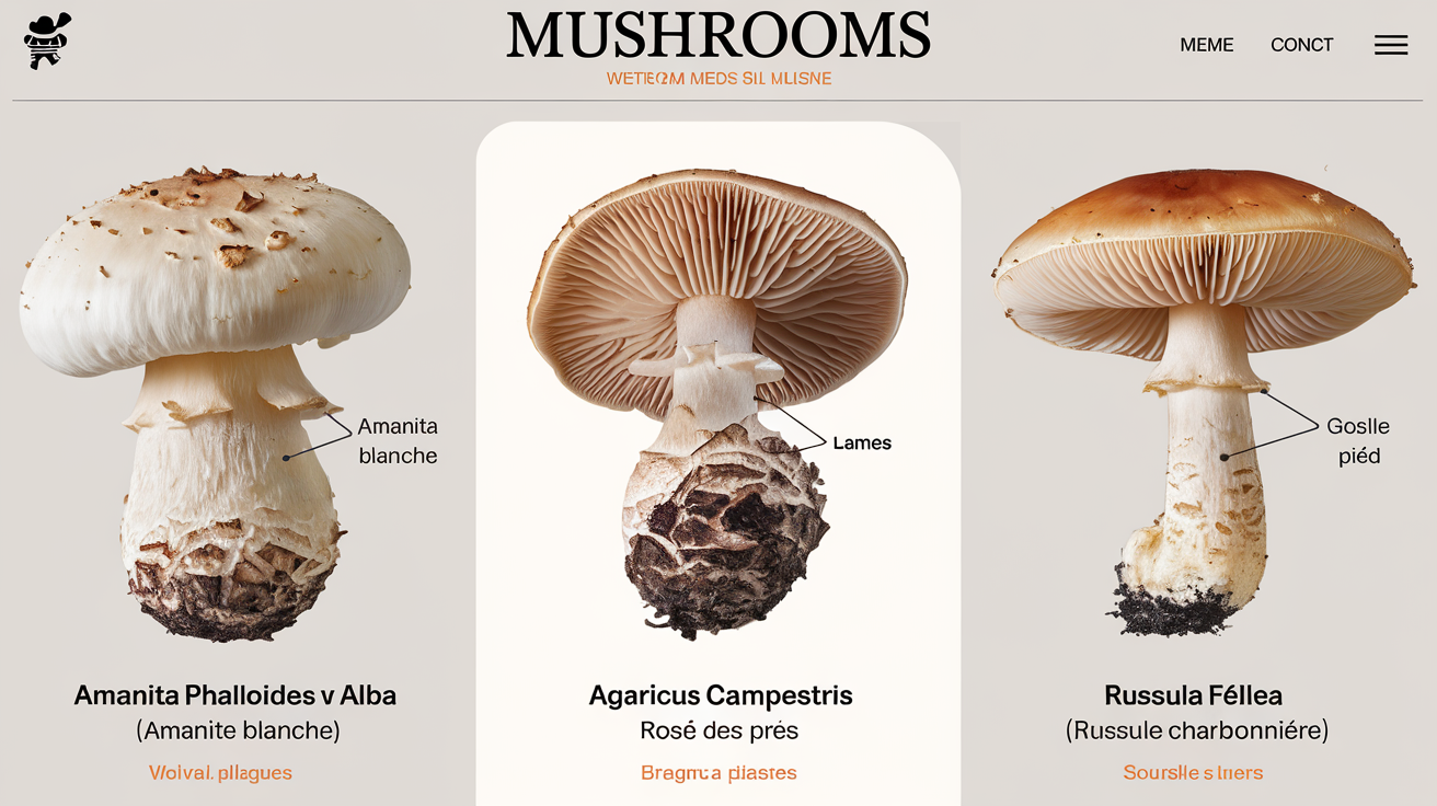 Comparaison Amanite blanche Agaricus campestris Russula fellea