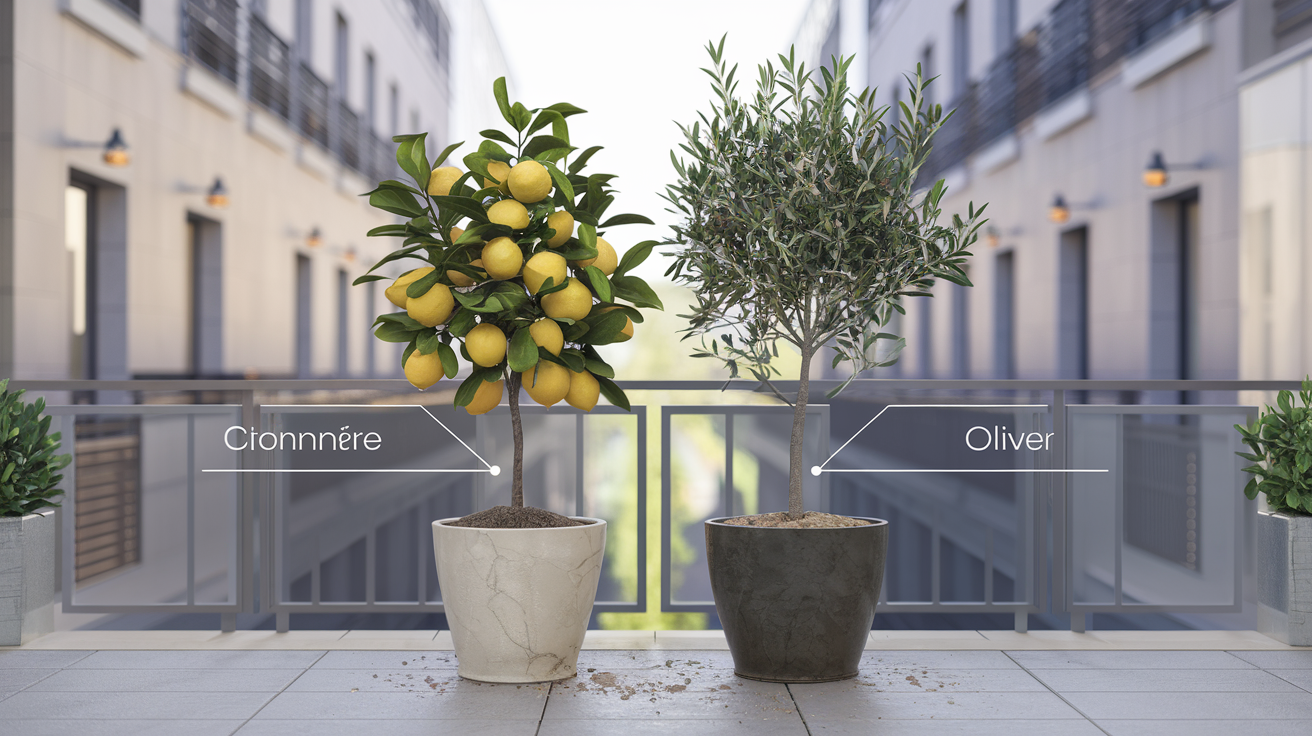 Citronnier et olivier côte à côte en pots urbains, présentant des symptômes de feuilles jaunes.