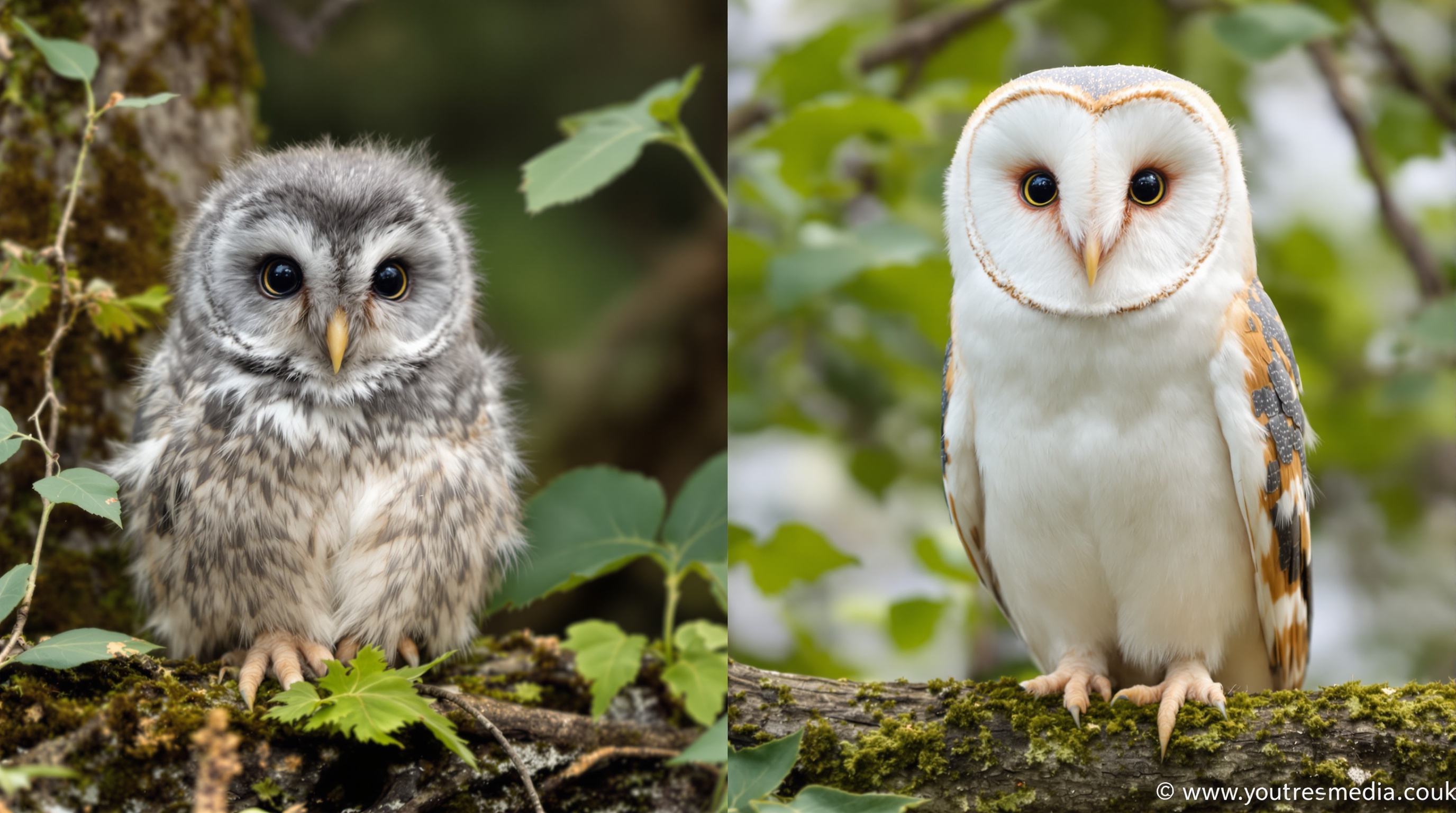 Comparaison visuelle entre jeune chouette hulotte trapue duvet gris yeux noirs et jeune chouette effraie blanche disque facial coeur.