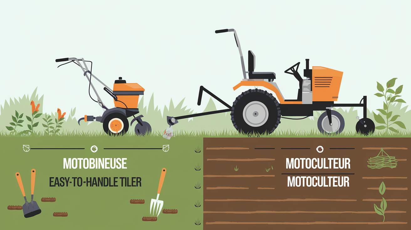 Comparaison visuelle entre une motobineuse et un motoculteur, illustrant leurs tailles et fonctions différentes pour aider à la compréhension.