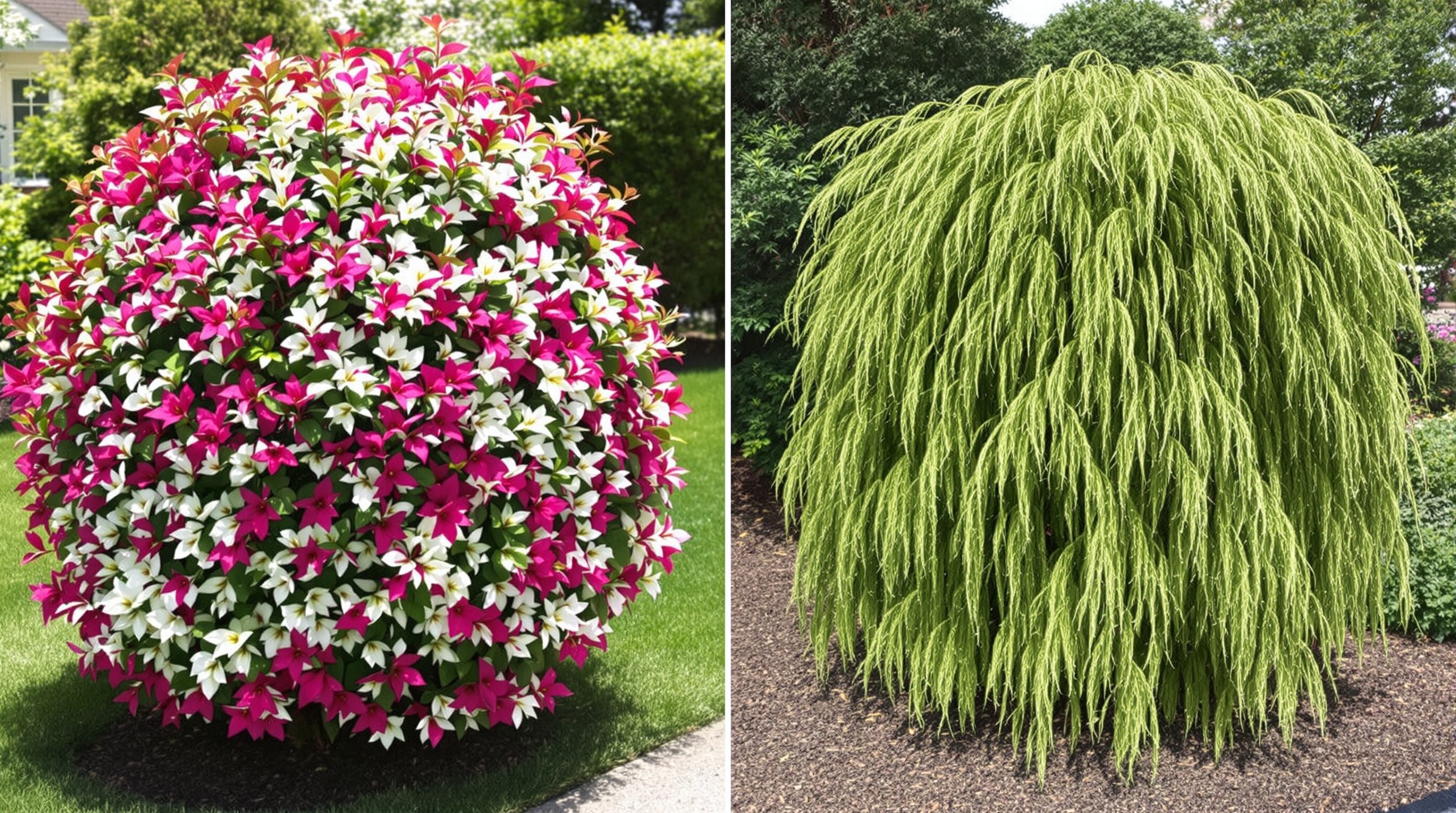 Comparaison visuelle entre un saule crevette bien taillé en pleine lumière et un sujet mal taillé aux couleurs ternes.