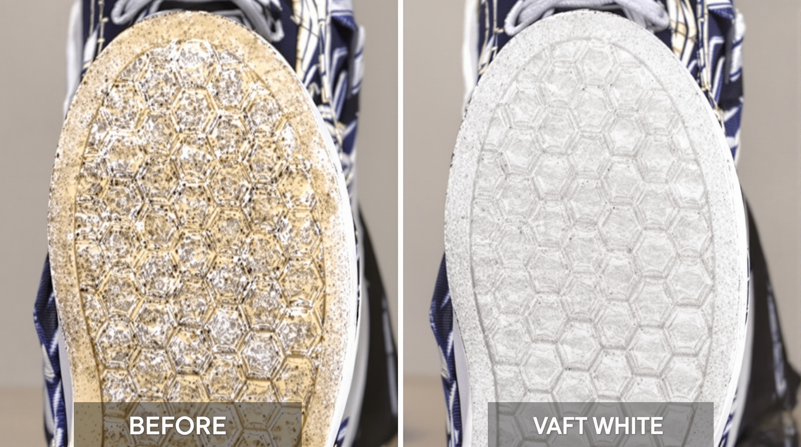 Comparaison visuelle saisissante des semelles blanches de baskets avant et après l'application de la méthode au bicarbonate de soude et vinaigre blanc, démontrant leur pouvoir nettoyant naturel.