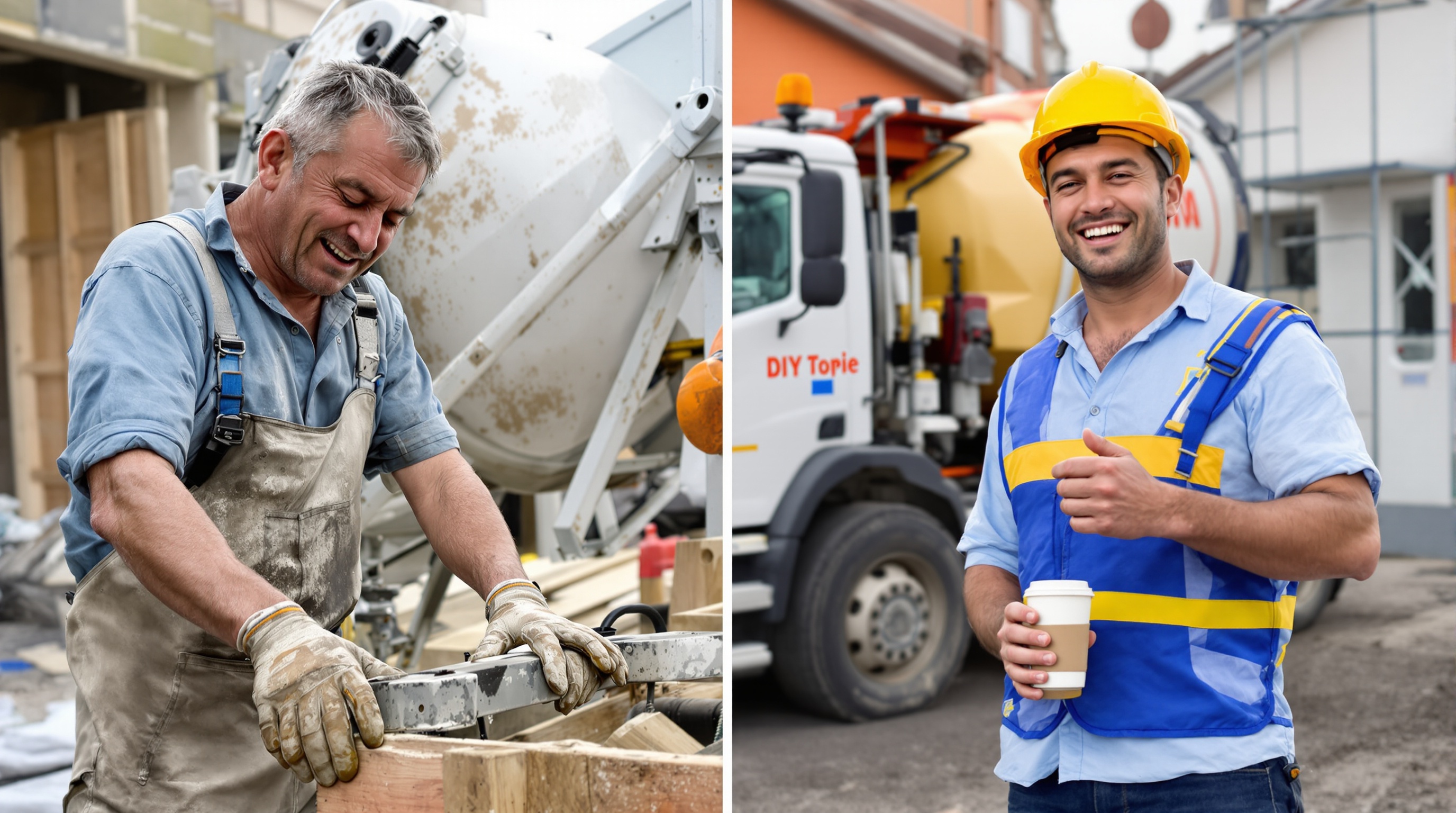 Comparatif visuel bétonnière vs camion toupie avec ouvrier fatigué et bricoleur détendu