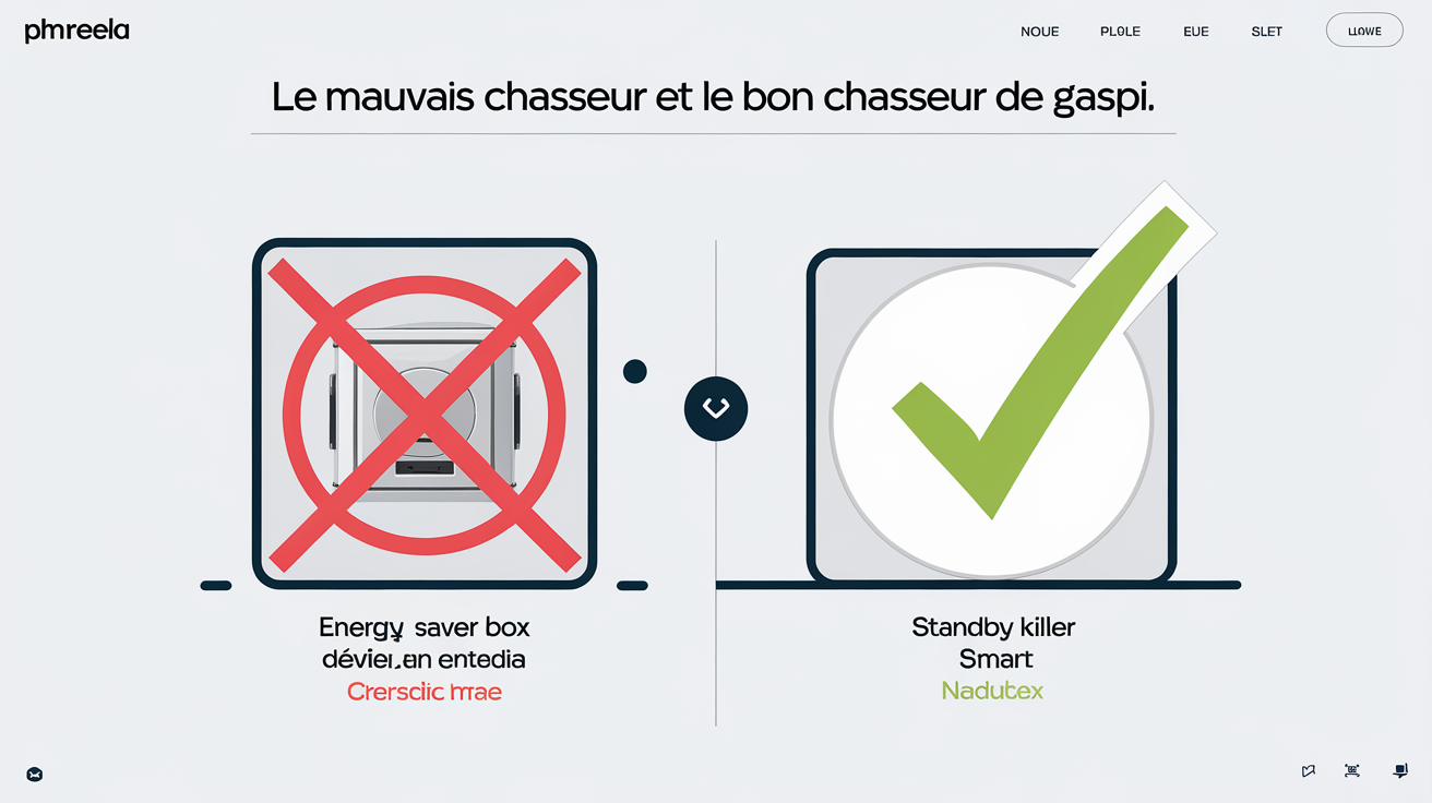 Comparatif entre un boîtier économiseur barré d'une croix rouge et un coupe-veille avec coche verte, légendé 'Le mauvais chasseur et le bon chasseur de gaspi.'