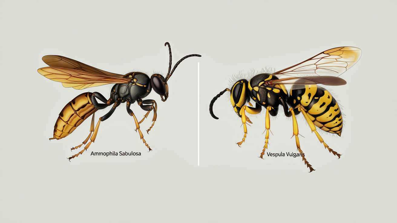 Comparaison entre une guêpe solitaire (Ammophila sabulosa) et une guêpe sociale (Vespula vulgaris) : silhouettes, taille, abdomen filiforme.