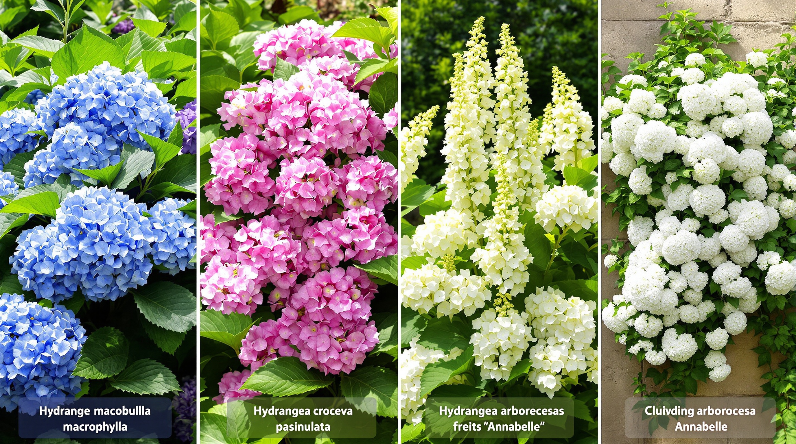 Comparatif visuel des principales variétés d’hortensias : macrophylla, paniculata, arborescens Annabelle et grimpant.