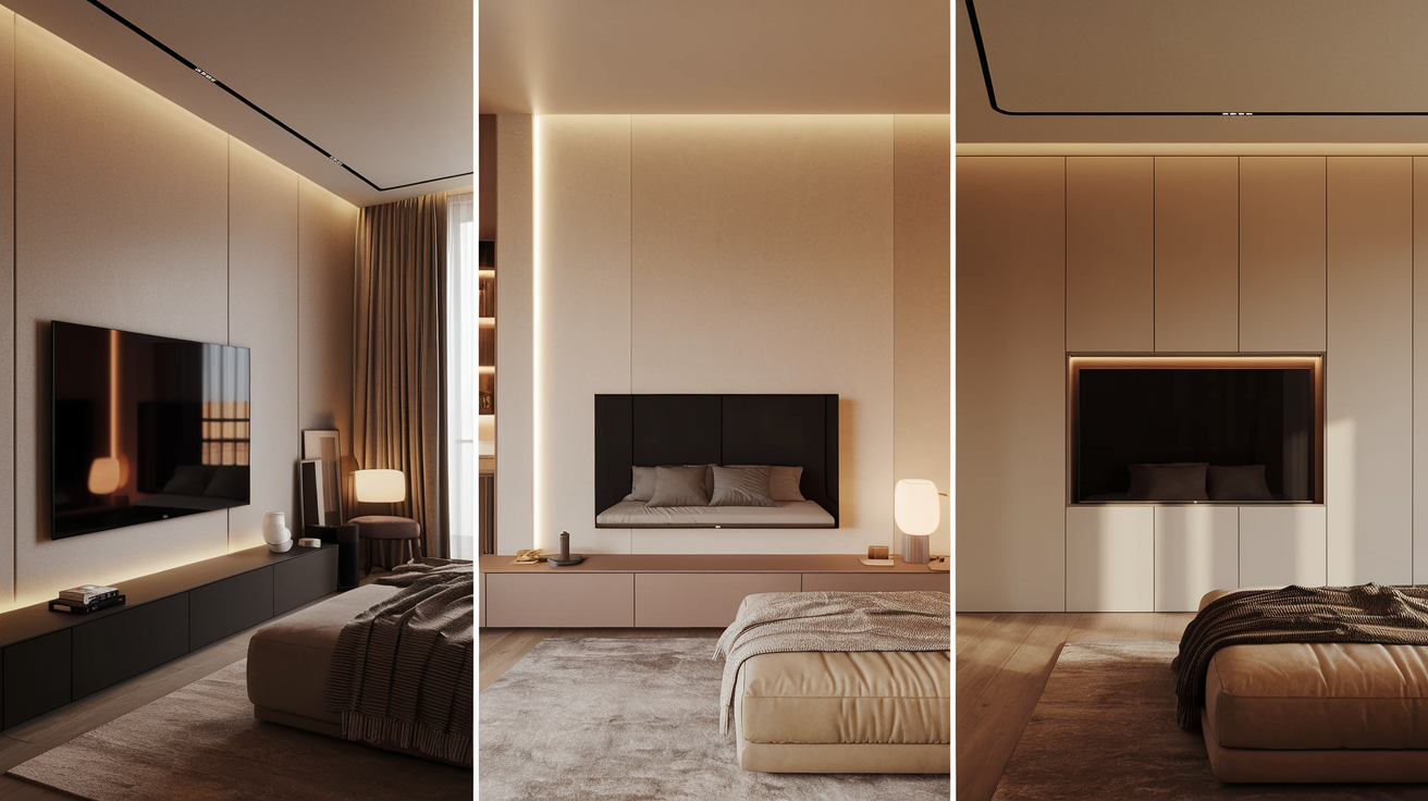 Comparatif visuel : installation TV murale design / meuble bas épuré / caisson dissimulé.