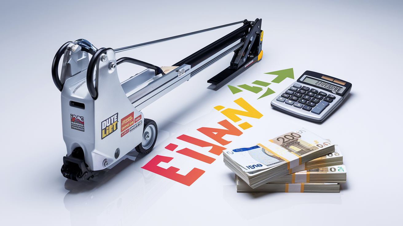 Visuel comparant un lève-plaque flambant neuf sur fond blanc à côté d'une pile de billets et d'une calculette, illustrant la comparaison économique entre achat et location pour un outil de bricolage.