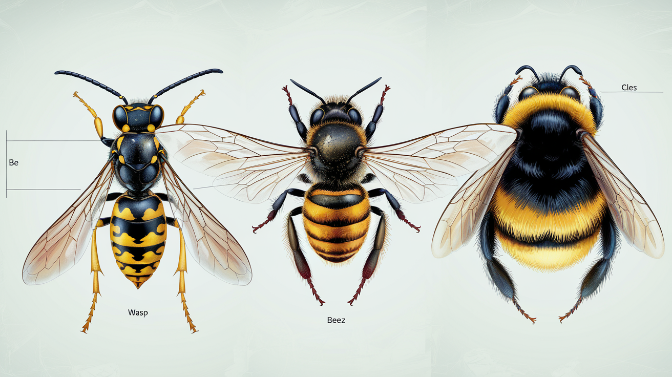 Illustration comparant la morphologie d'une guêpe (glabre et fine), d'une abeille (velue et trapue) et d'un bourdon (très velu, massif).