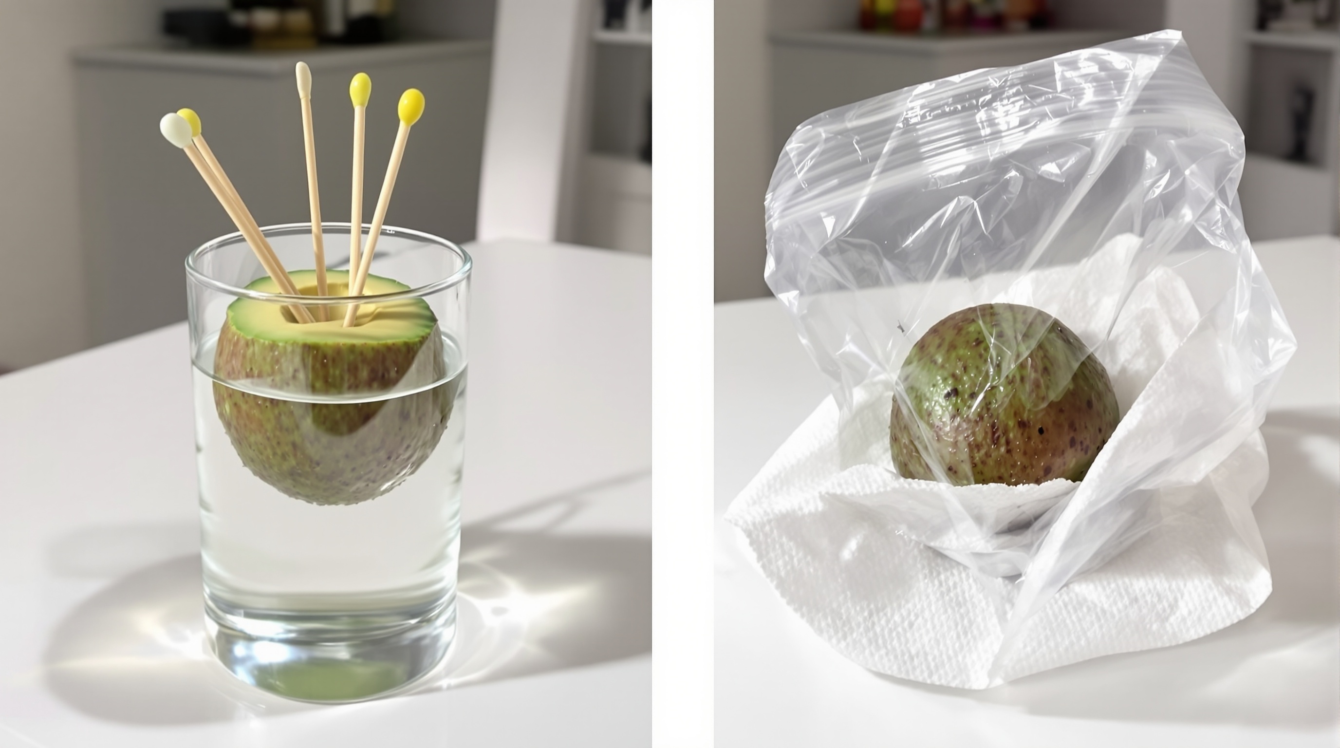 Comparatif visuel entre méthode cure-dents et sopalin humide pour faire germer un noyau d'avocat