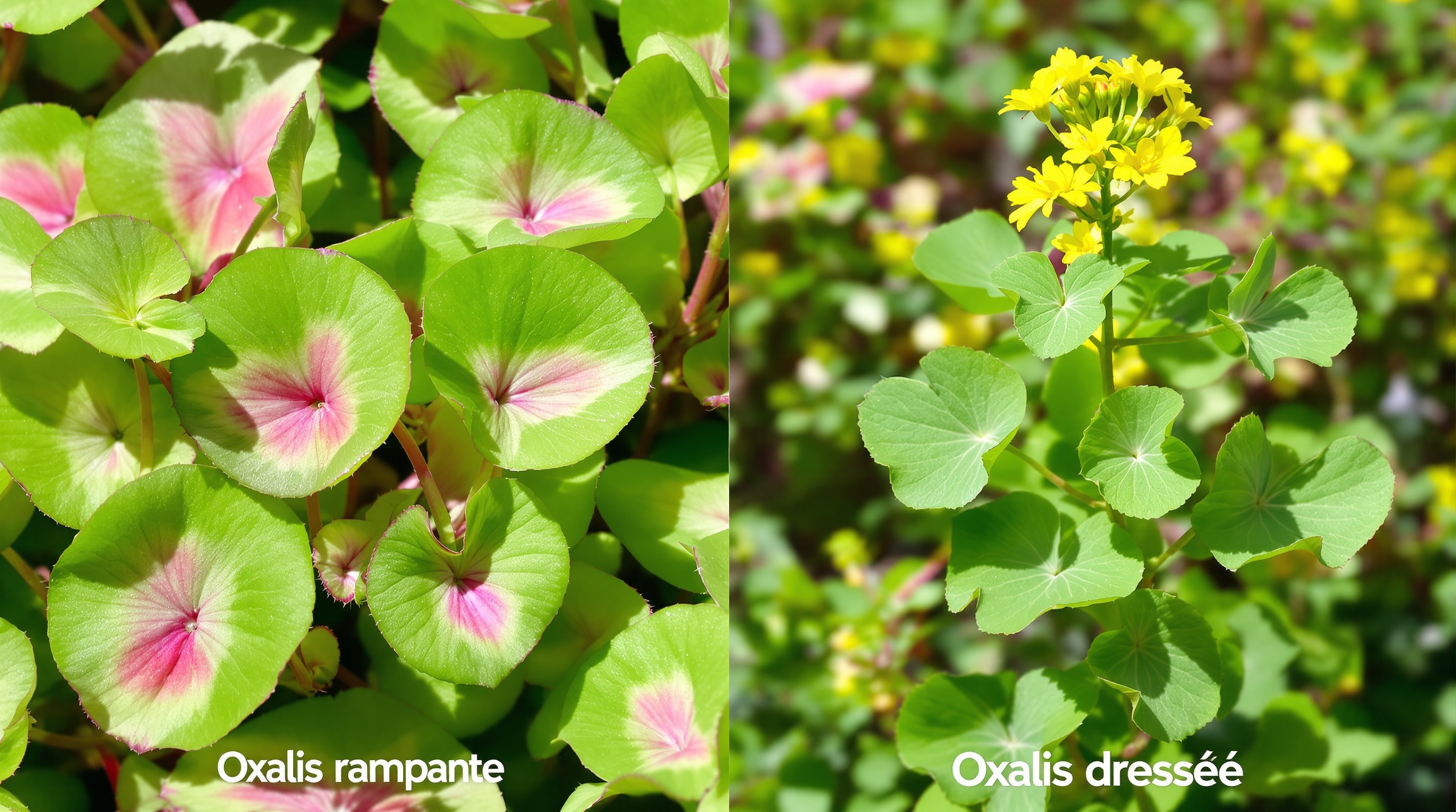 Comparatif visuel oxalis rampante vs oxalis dressée.