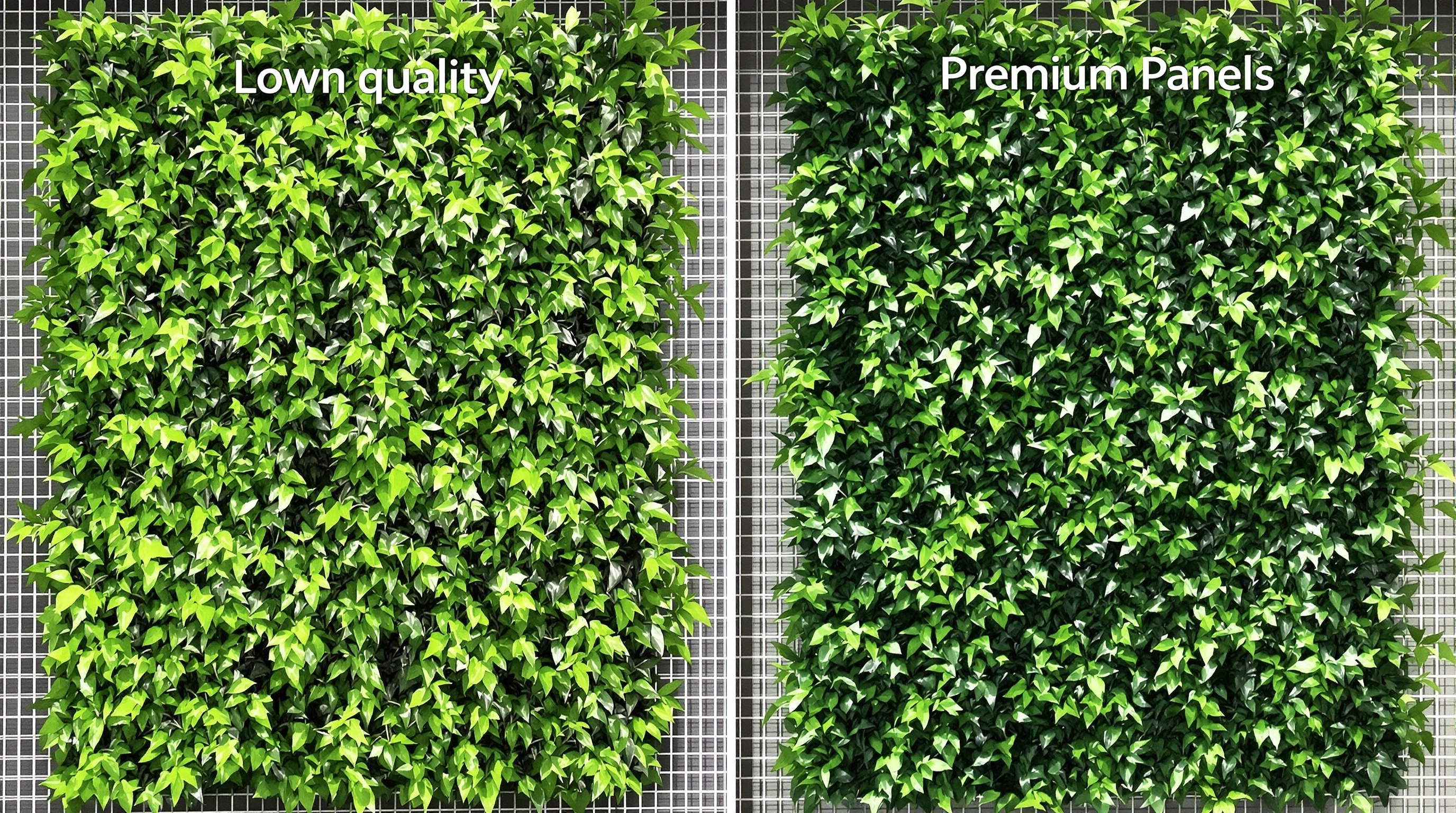 Comparatif panneaux mur végétal artificiel haut de gamme vs bas de gamme sur grillage