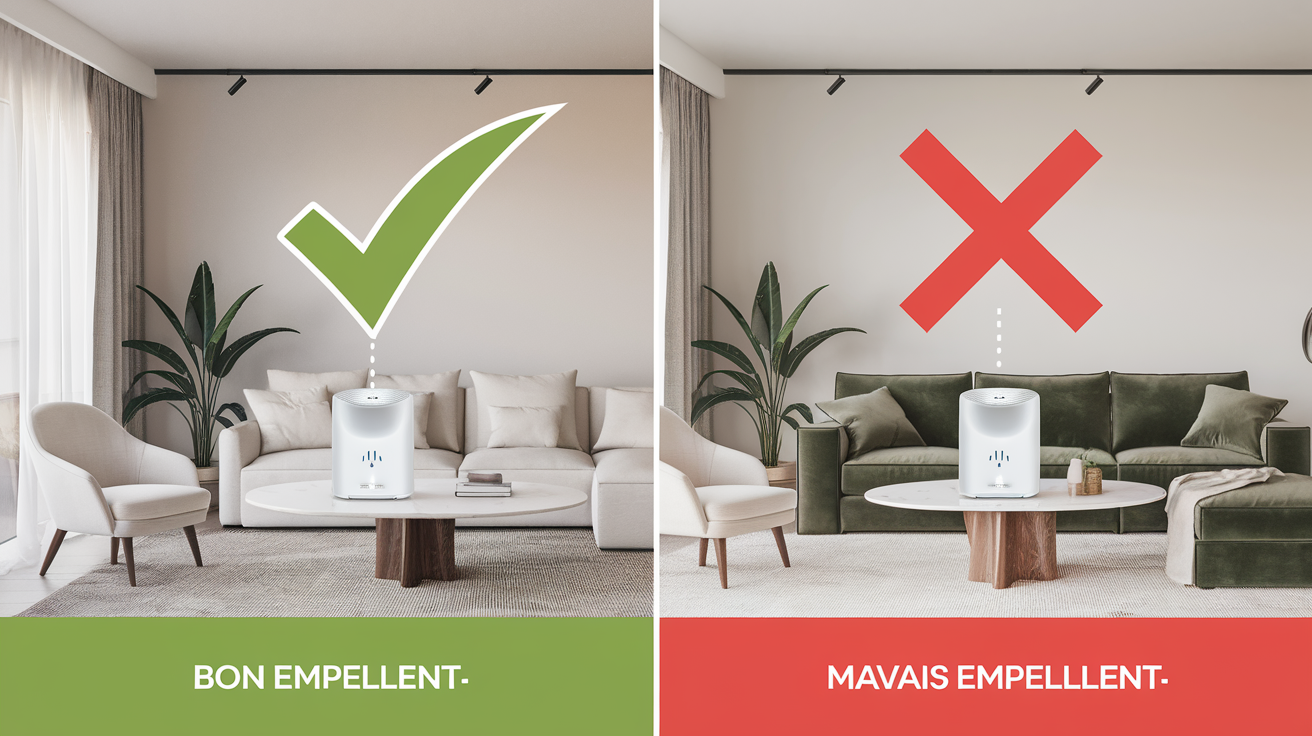 Illustration comparative du bon et du mauvais placement d'un répulsif à ultrasons dans un salon. Le bon emplacement, signalé par une coche verte, est dans un espace ouvert. Le mauvais, marqué d'une croix rouge, est caché derrière un canapé en velours, ce qui bloque les ondes.