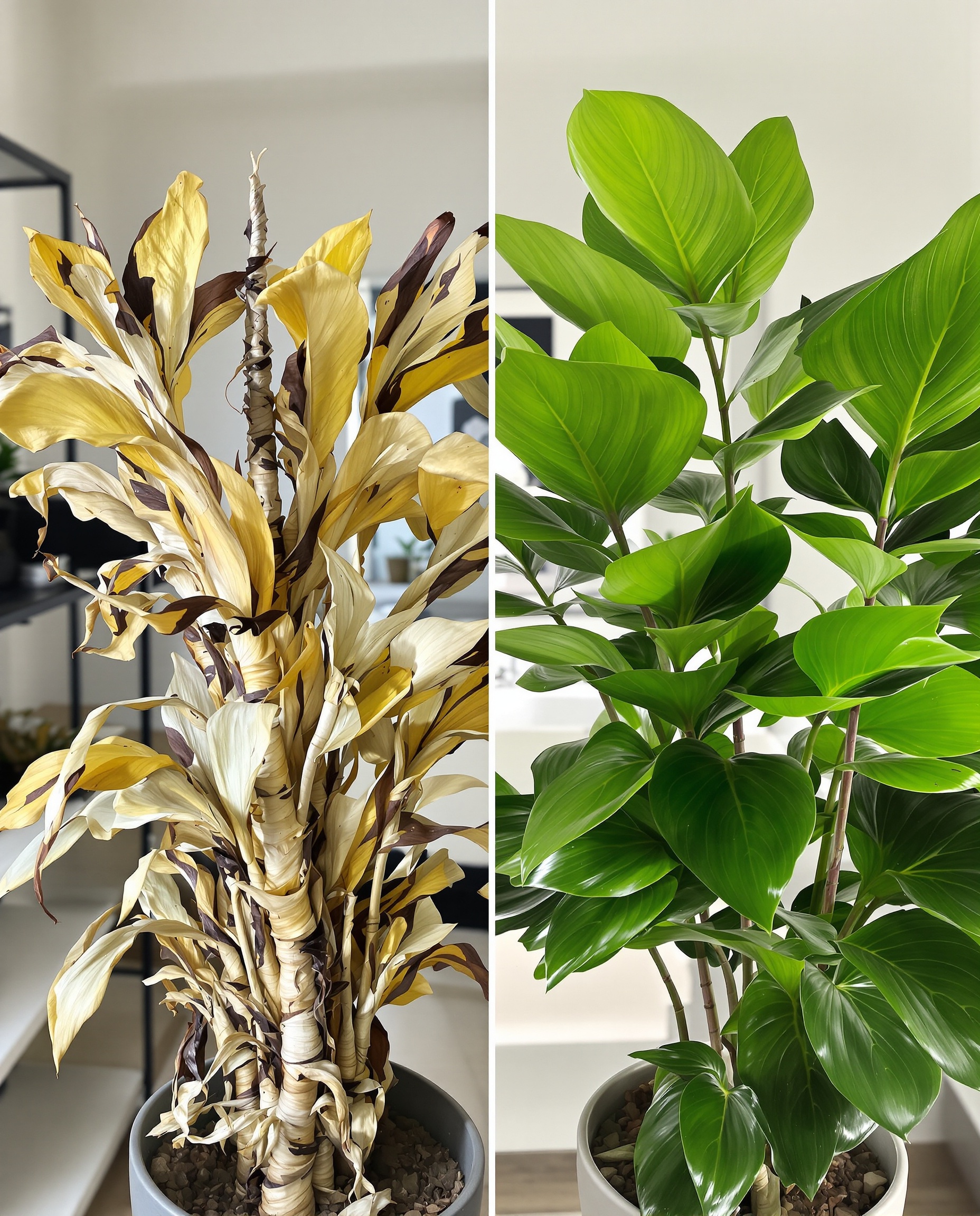 Un gros plan sur une plante d'intérieur mal entretenue, aux feuilles sèches ou jaunies, à côté d'une même espèce bien soignée resplendissante, dans un décor moderne.