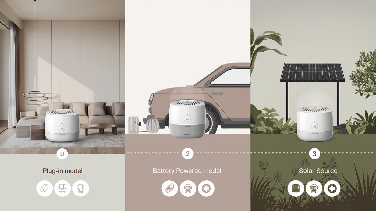 Comparatif illustré des trois types de répulsifs ultrasons : prise électrique pour salon, batterie pour voiture, solaire pour jardin.