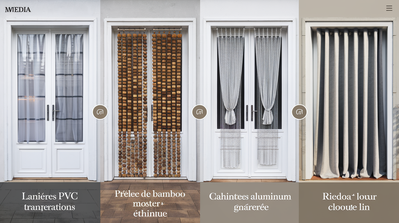 Comparatif visuel de quatre types de rideaux de porte extérieurs installés sur des portes : des lanières en PVC transparentes, des perles de bambou au motif ethnique, des chaînettes en aluminium argentées et un rideau en tissu lourd couleur lin.