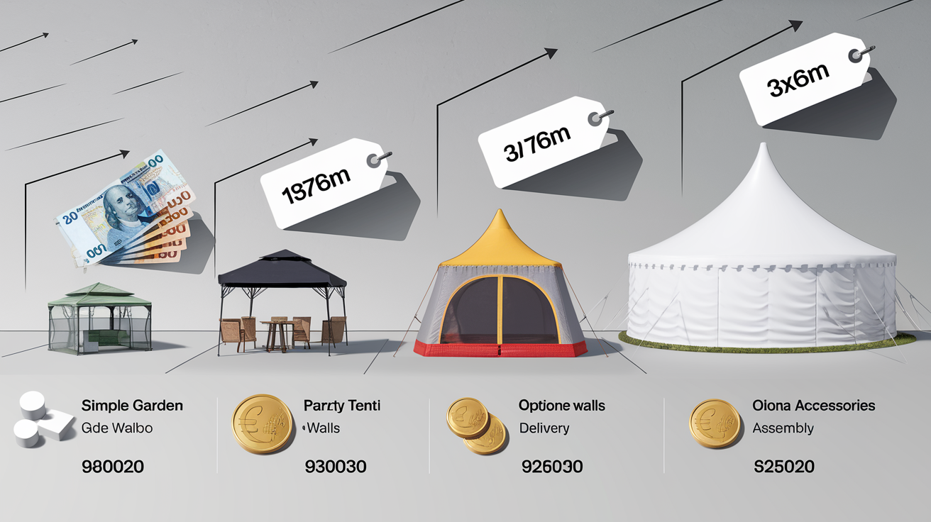 Tonnelle, barnum standard, chapiteau géant avec étiquettes de prix et pictogrammes d'accessoires