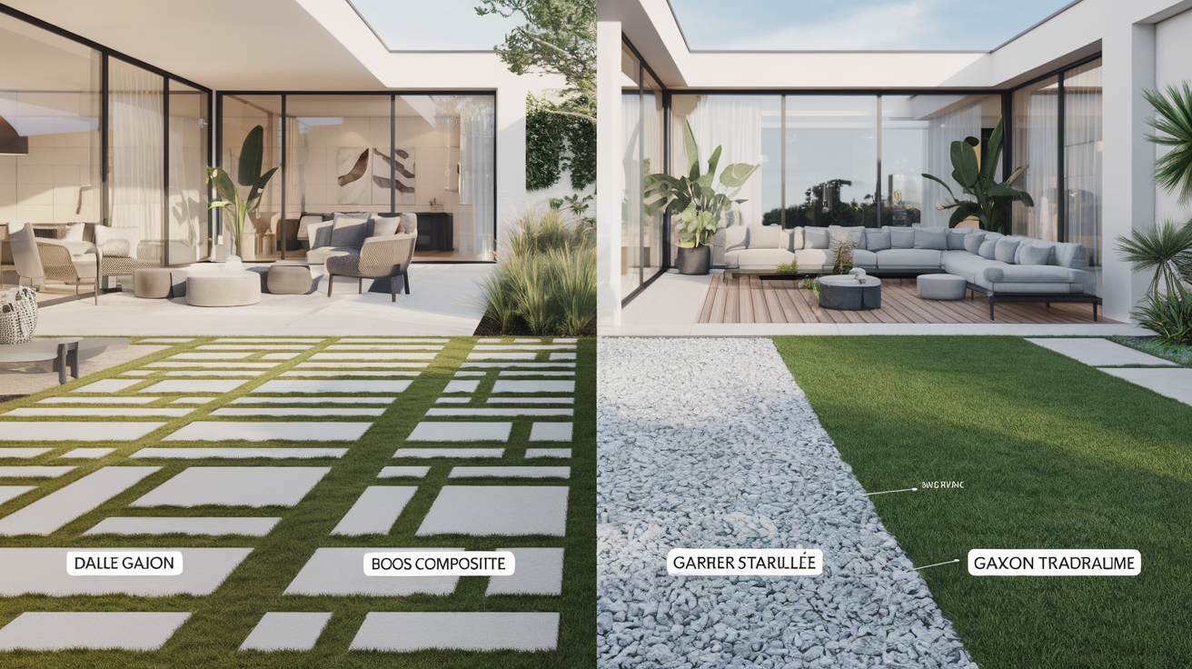 Comparatif visuel alternatives terrasse : dalle gazon, bois composite, gravier stabilisé