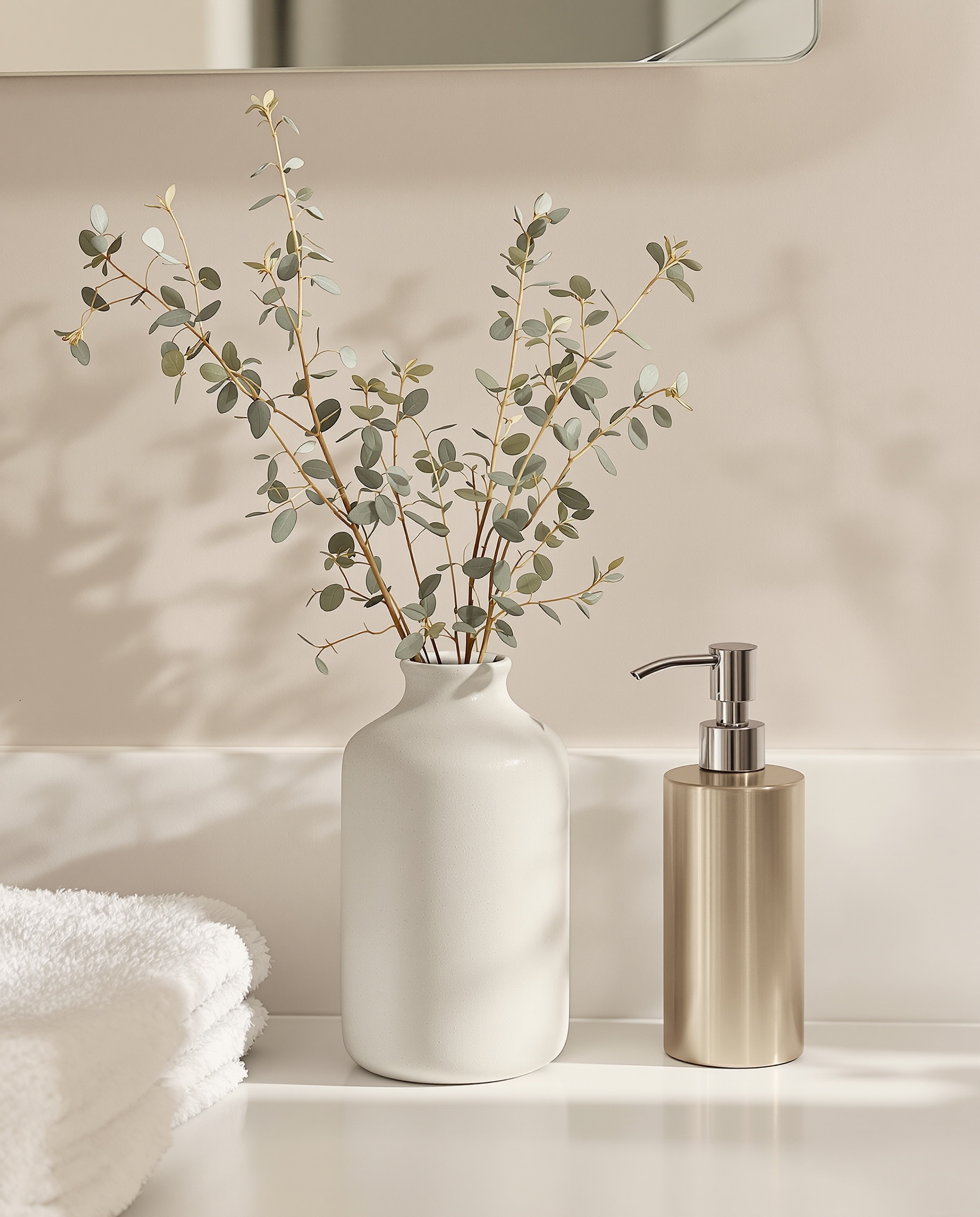 Vase en céramique sobre avec eucalyptus séché dans toilettes modernes