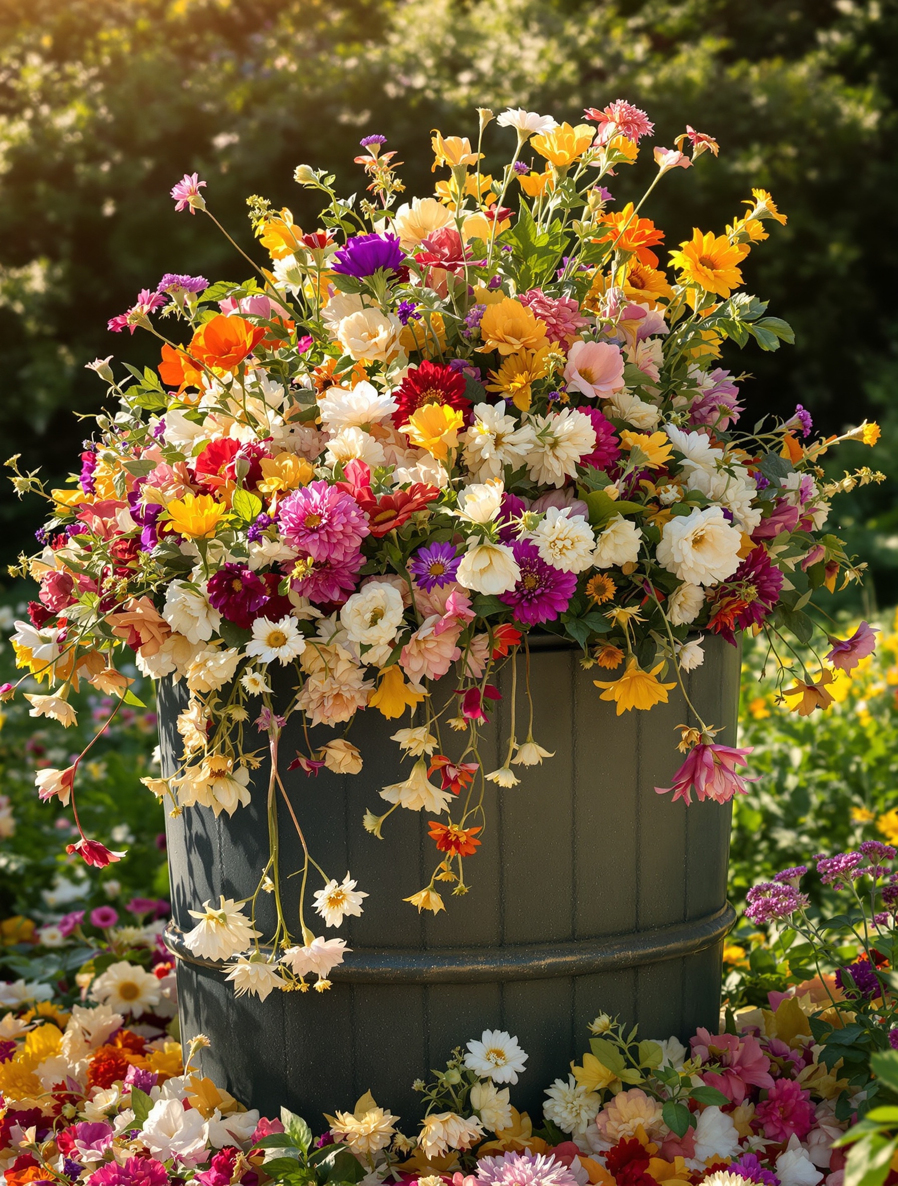 Composteur chic débordant de fleurs fanées multicolores esprit liberté florale en juin