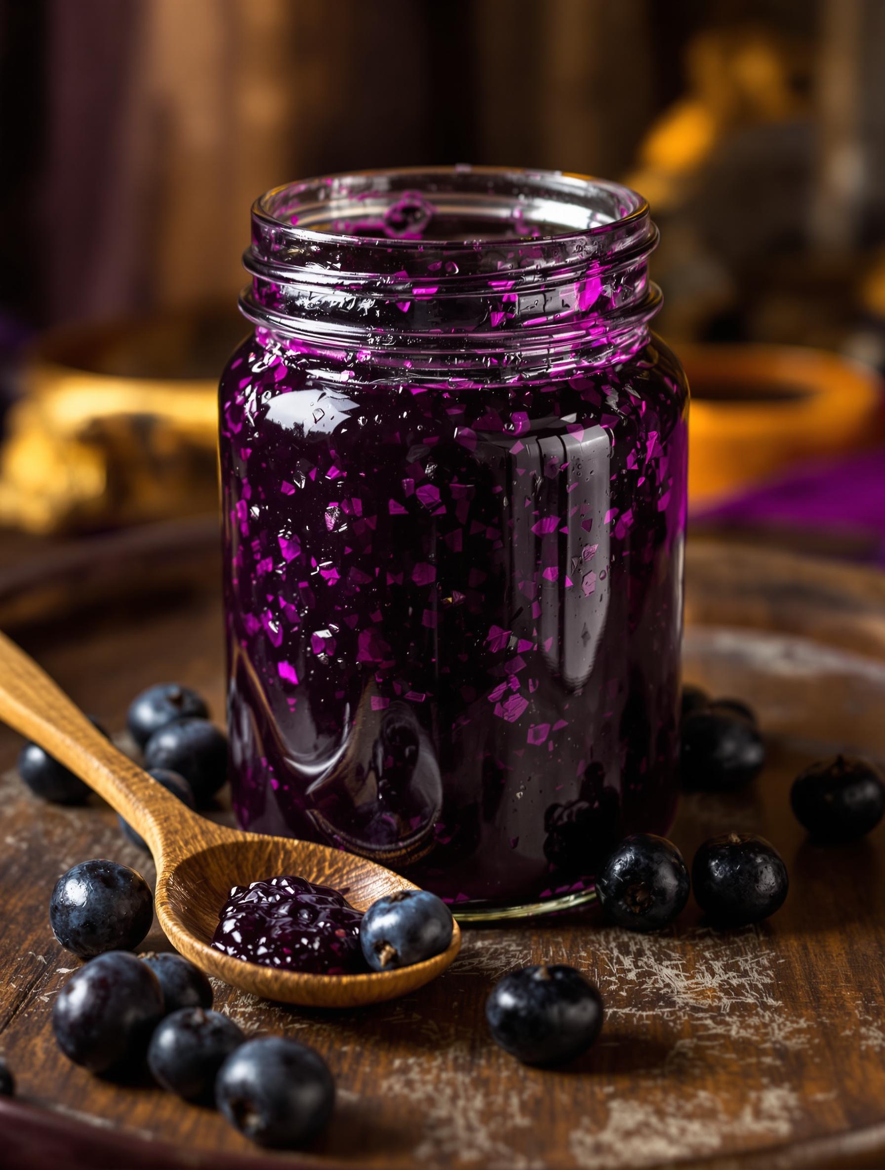 Confiture de mûre de platane dans un pot vintage, avec une couleur violette intense.