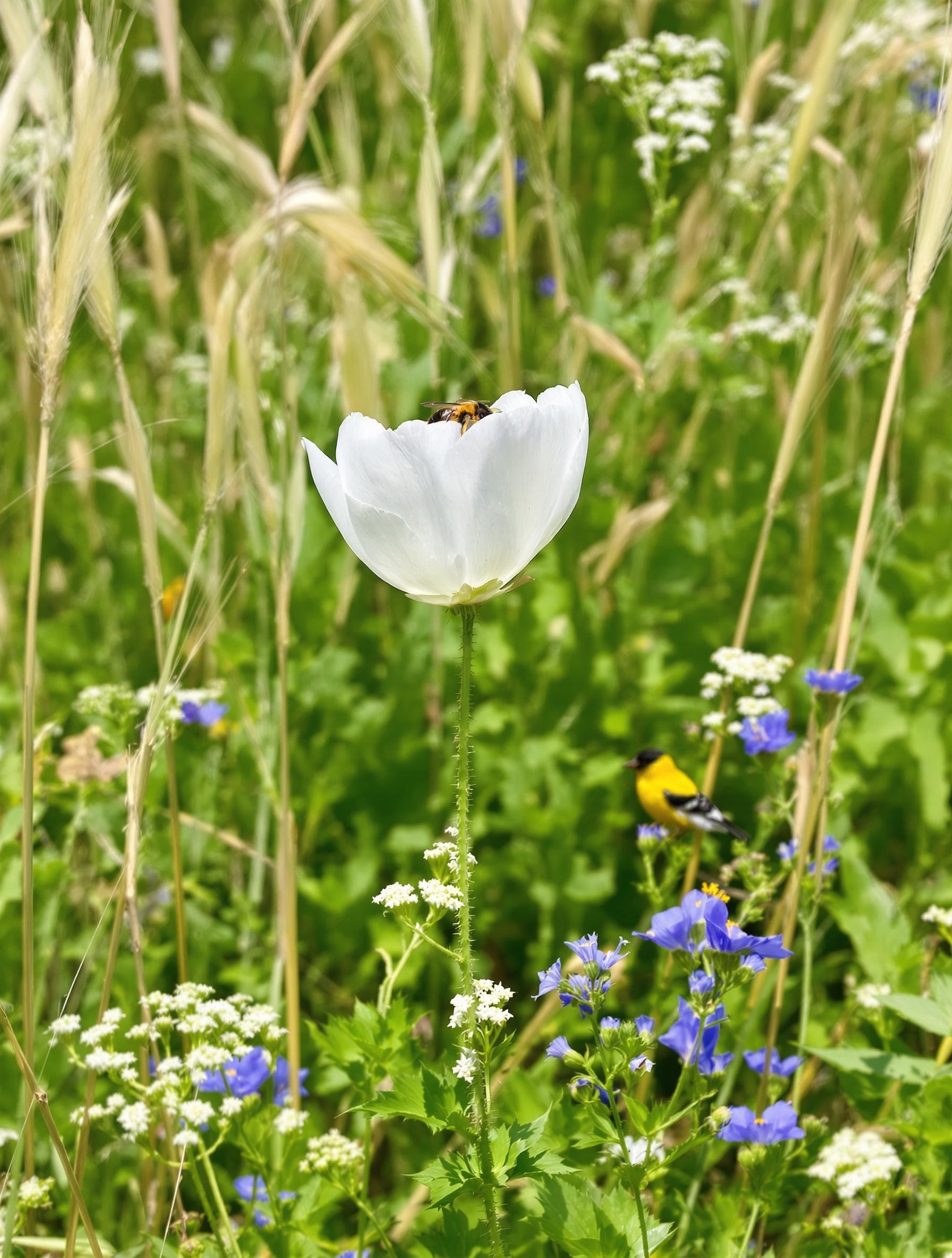 Coquelicot blanc attirant abeilles et chardonnerets dans un environnement naturel