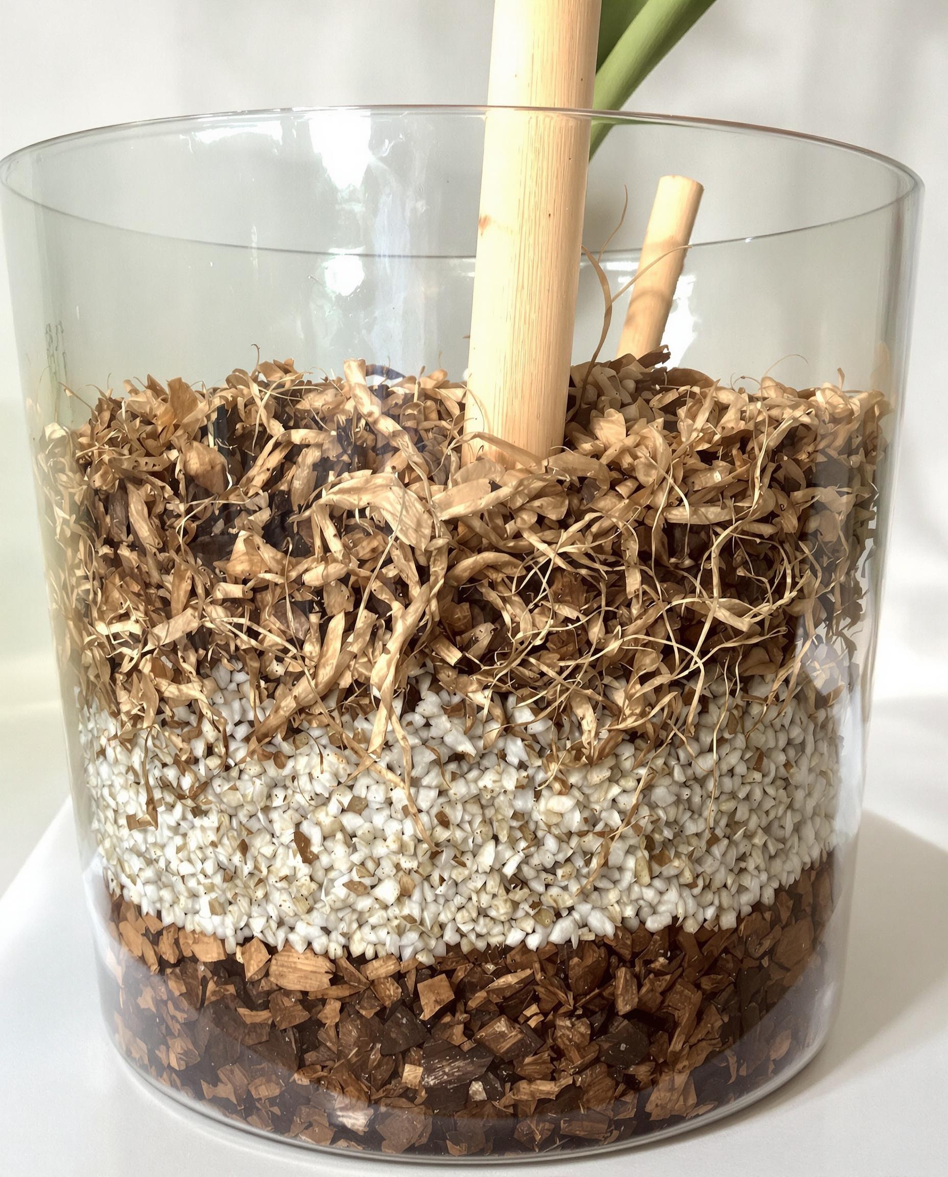 Coupe latérale d’un pot transparent montrant substrat épiphyte et racines aériennes du vanillier
