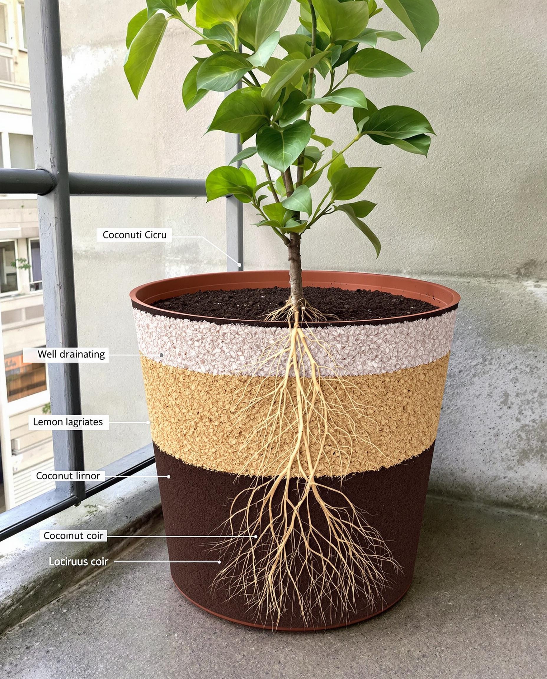 Coupe transversale d’un pot avec substrat drainant pour un jeune citronnier.