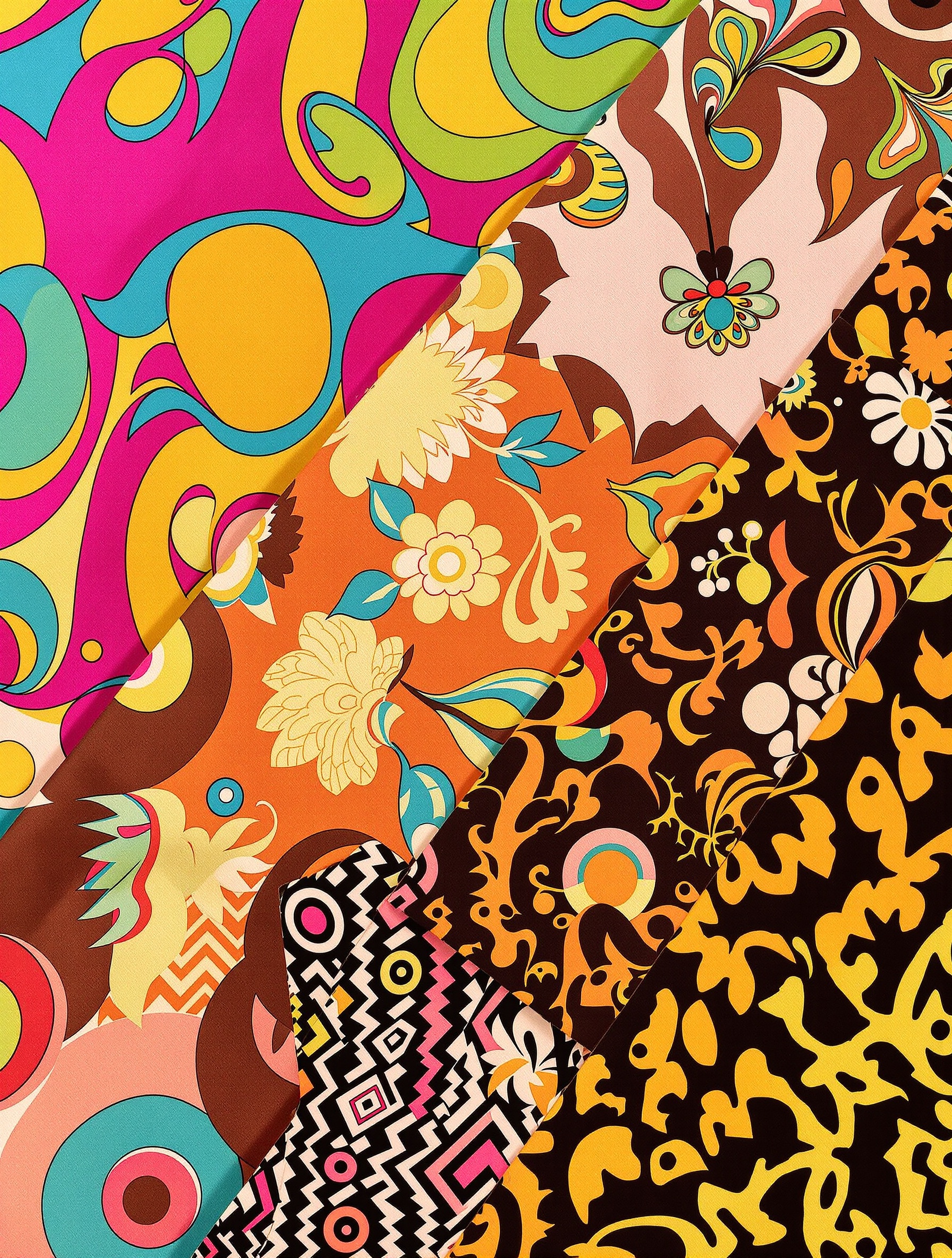 Coupons de tissu année 70 avec motifs psychédélique, floral XXL et géométrique