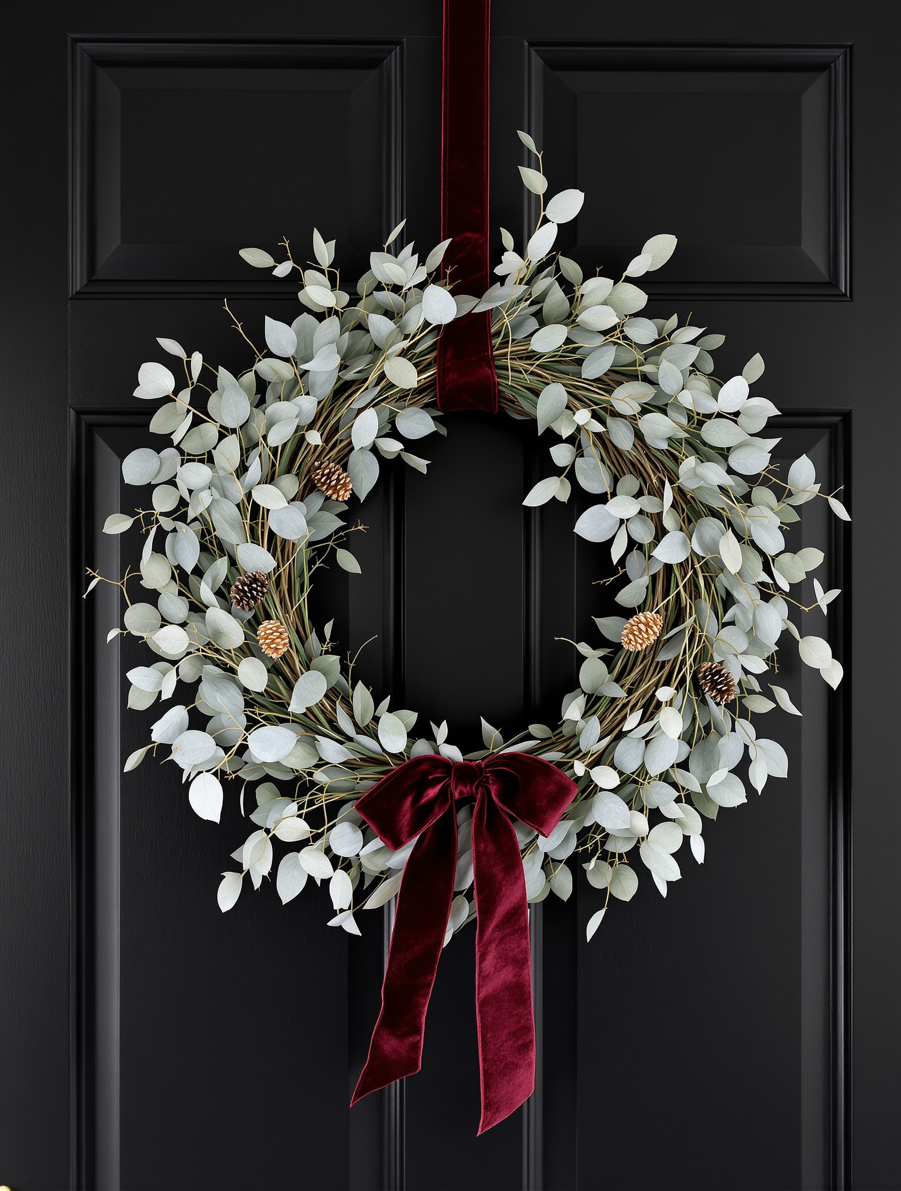 Couronne Noël DIY moderne eucalyptus pomme de pin ruban velours bordeaux porte bois