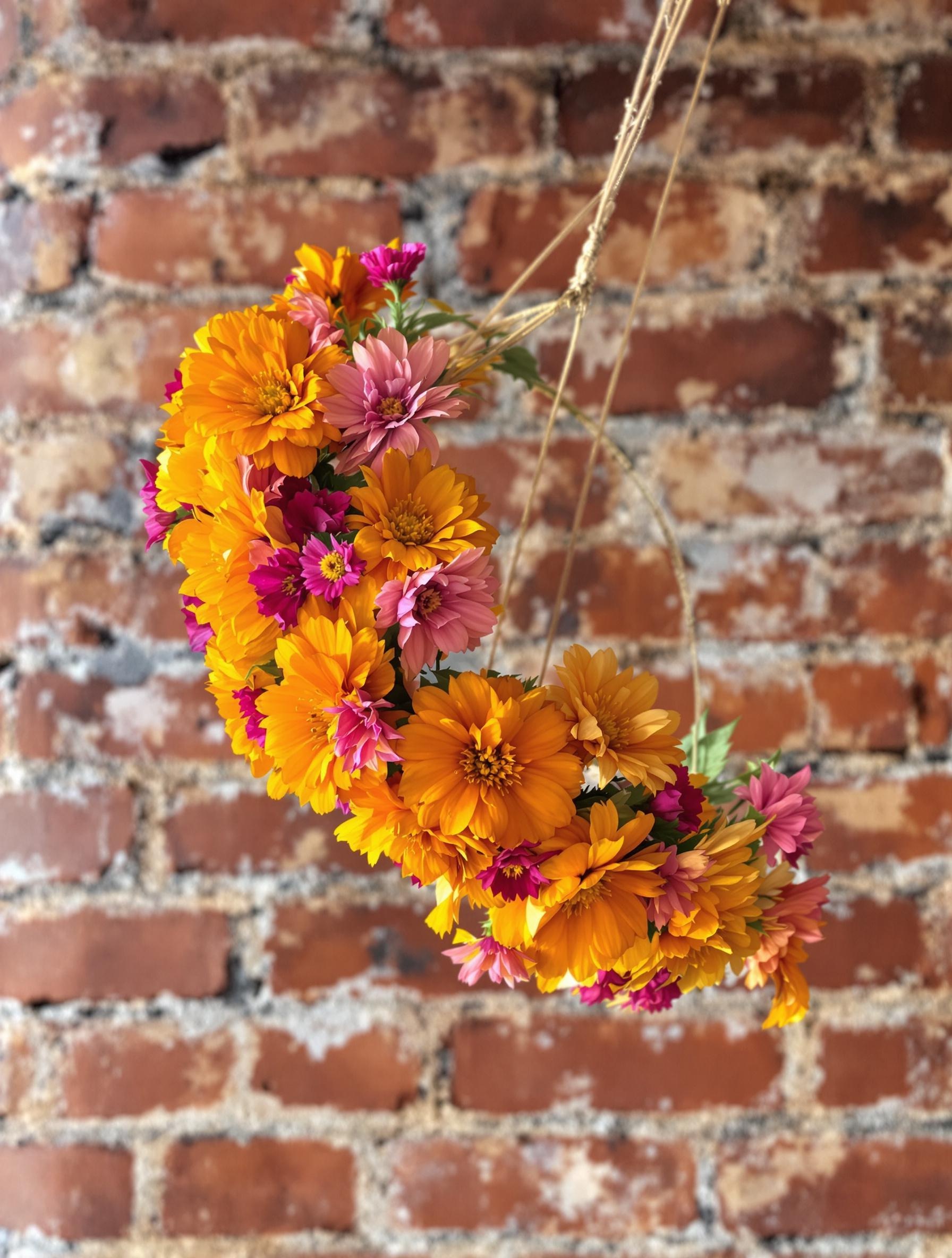 Couronne de tagètes orange et cosmos roses suspendue devant un mur de briques.