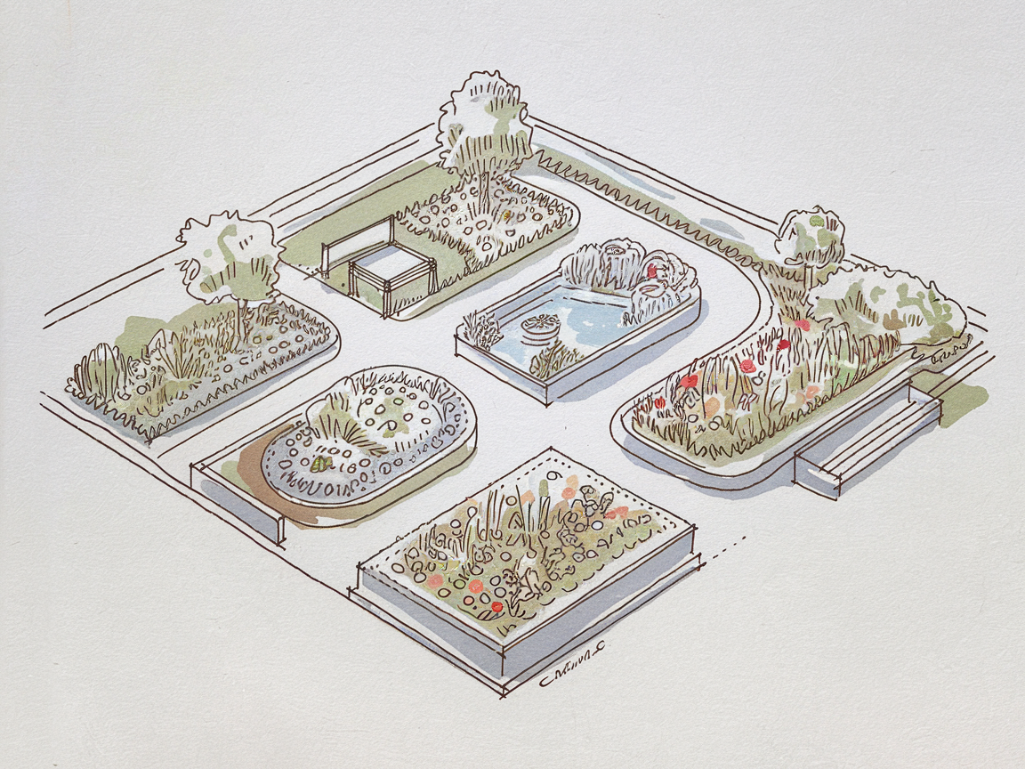 Croquis stylisé d'un petit jardin anglais avec allées courbes, massifs fleuris et point focal romantique.