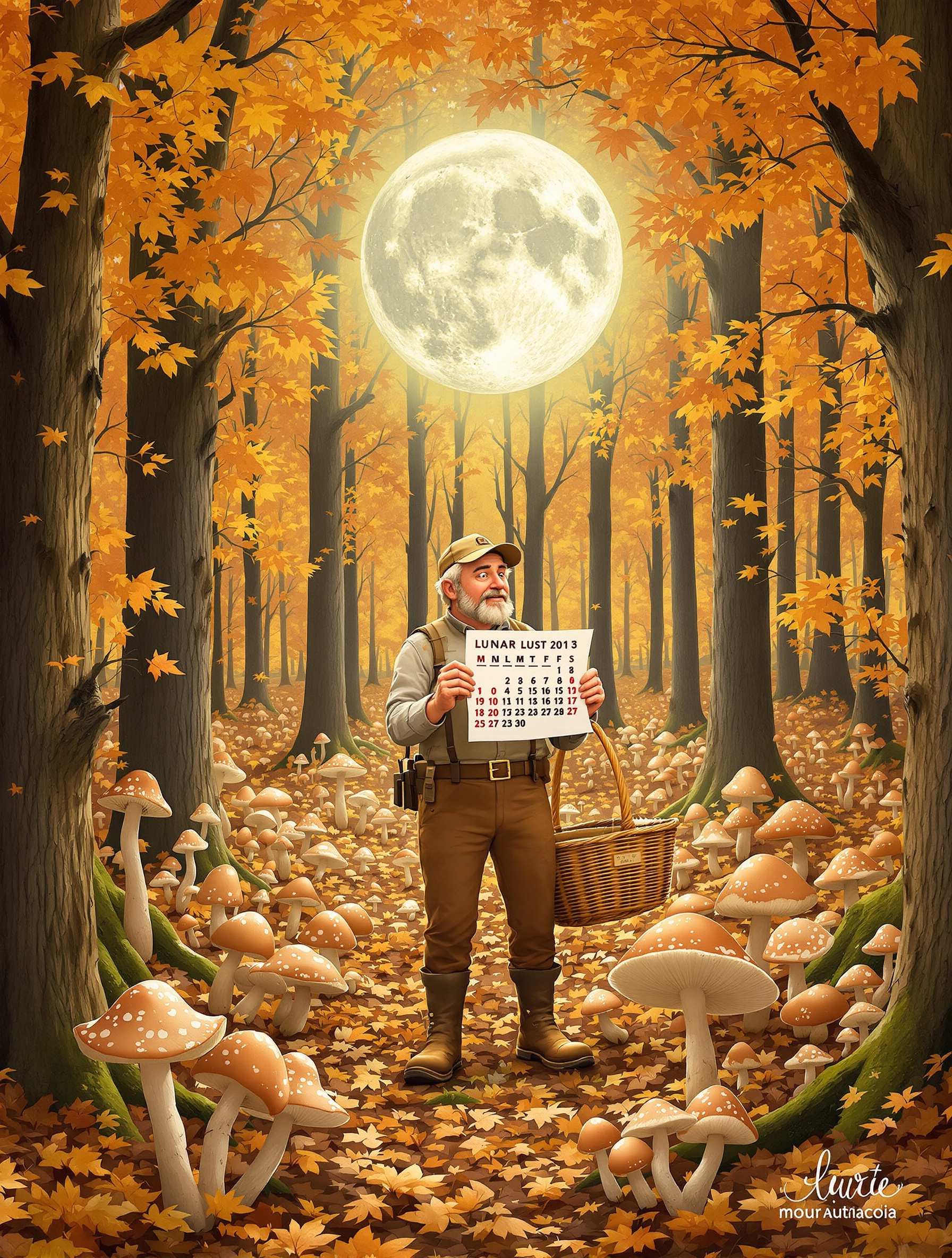 Cueilleur qui regarde un calendrier lunaire pendant que les champignons poussent indifférents à la lune