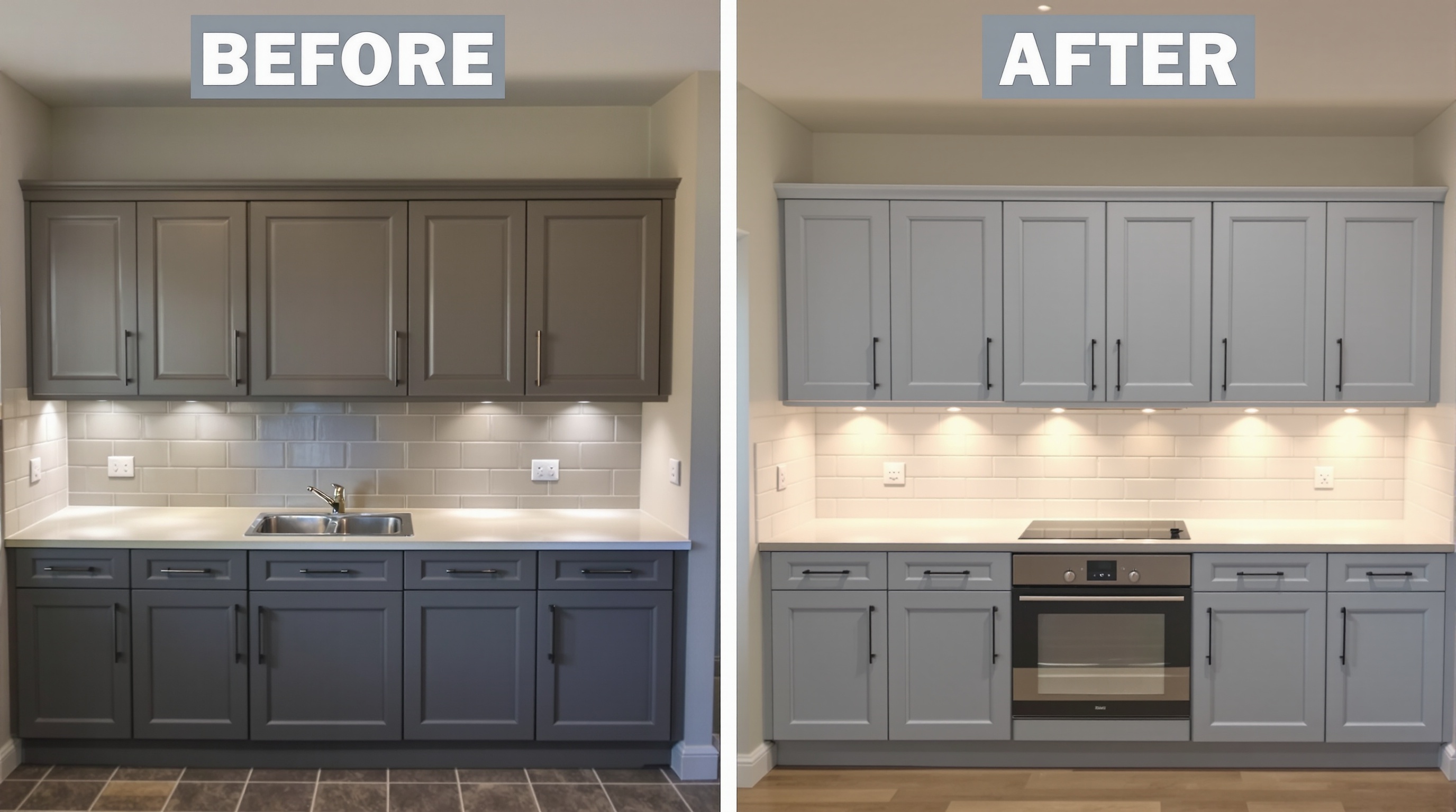 Cuisine avant-après relooking malin : façade de meubles repeints en bleu mat, crédence blanche adhésive effet carrelage métro, poignées noires modernes, spots LED sous meubles hauts pour un éclairage chaleureux