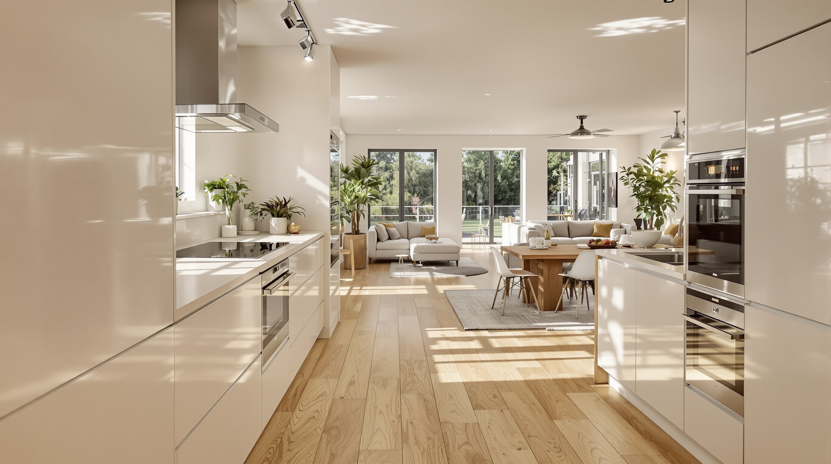 Cuisine lumineuse avec parquet bois chaleureux et continuité avec le salon