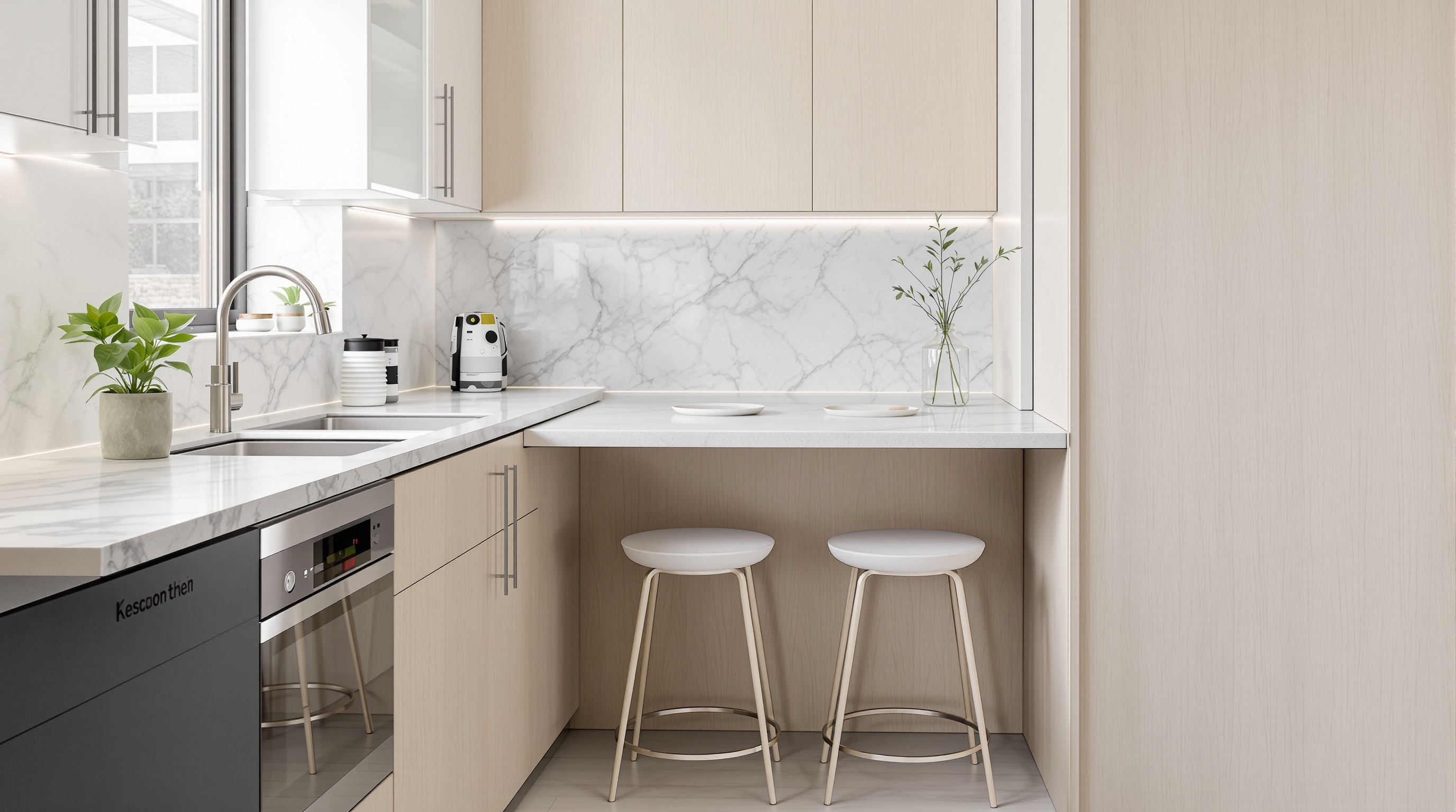 Cuisine couloir optimisée coin repas plan quartz table deux personnes tabourets design