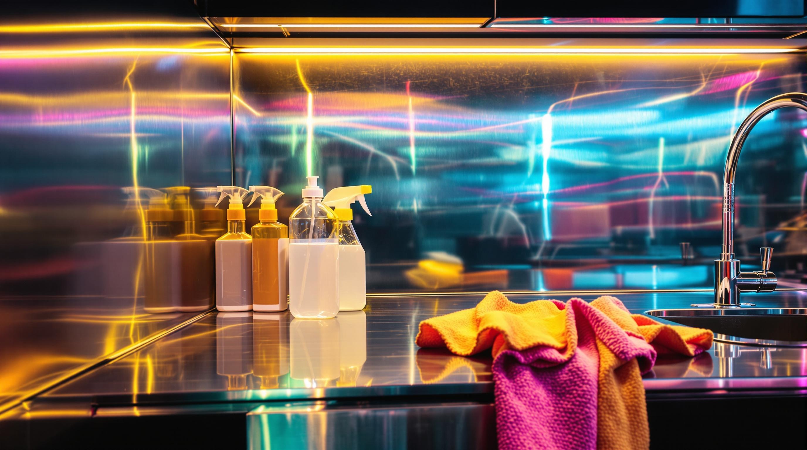 Cuisine rétro-futuriste avec de l'inox brillant, du vinaigre et du bicarbonate posés.