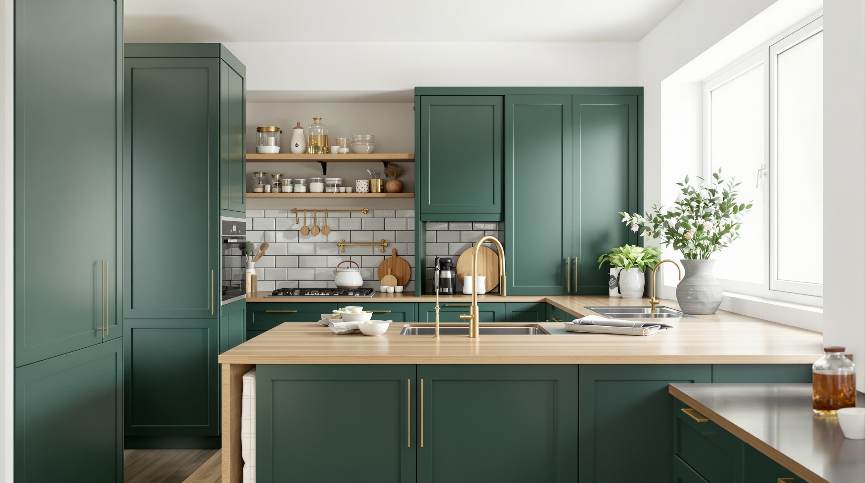 Cuisine moderne façades vert forêt mat plan de travail chêne clair laiton élégant