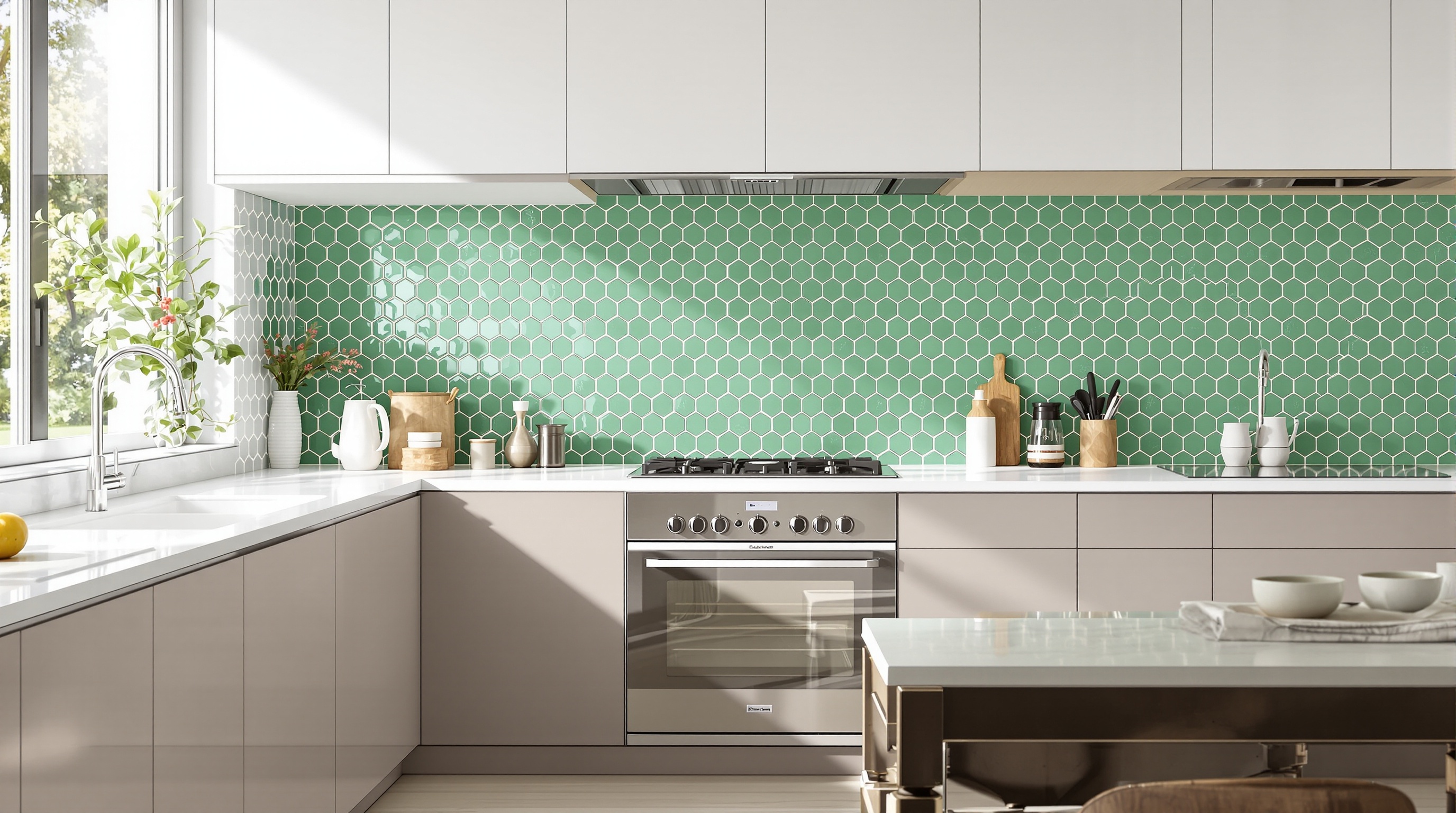 Crédence adhésive imitation zellige vert dans une cuisine moderne