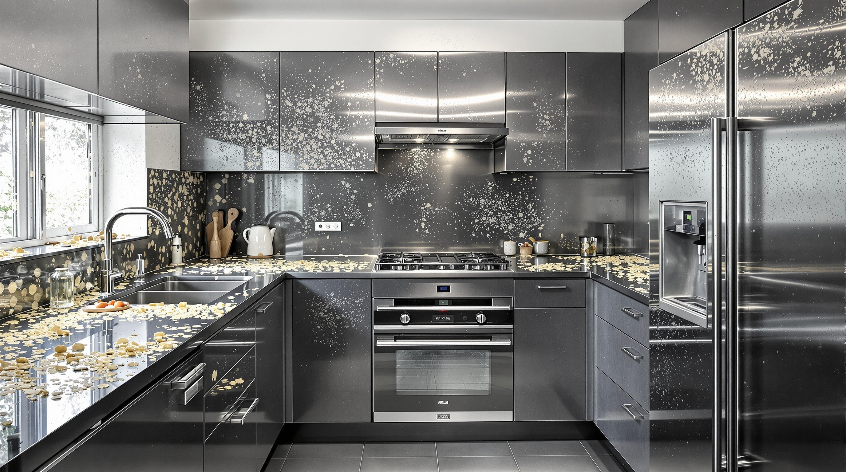 Cuisine moderne avec des surfaces en inox maculées de traces.