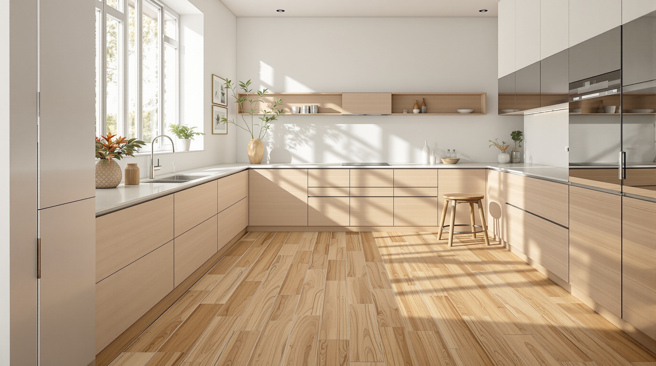 Parquet bambou moderne dans cuisine contemporaine