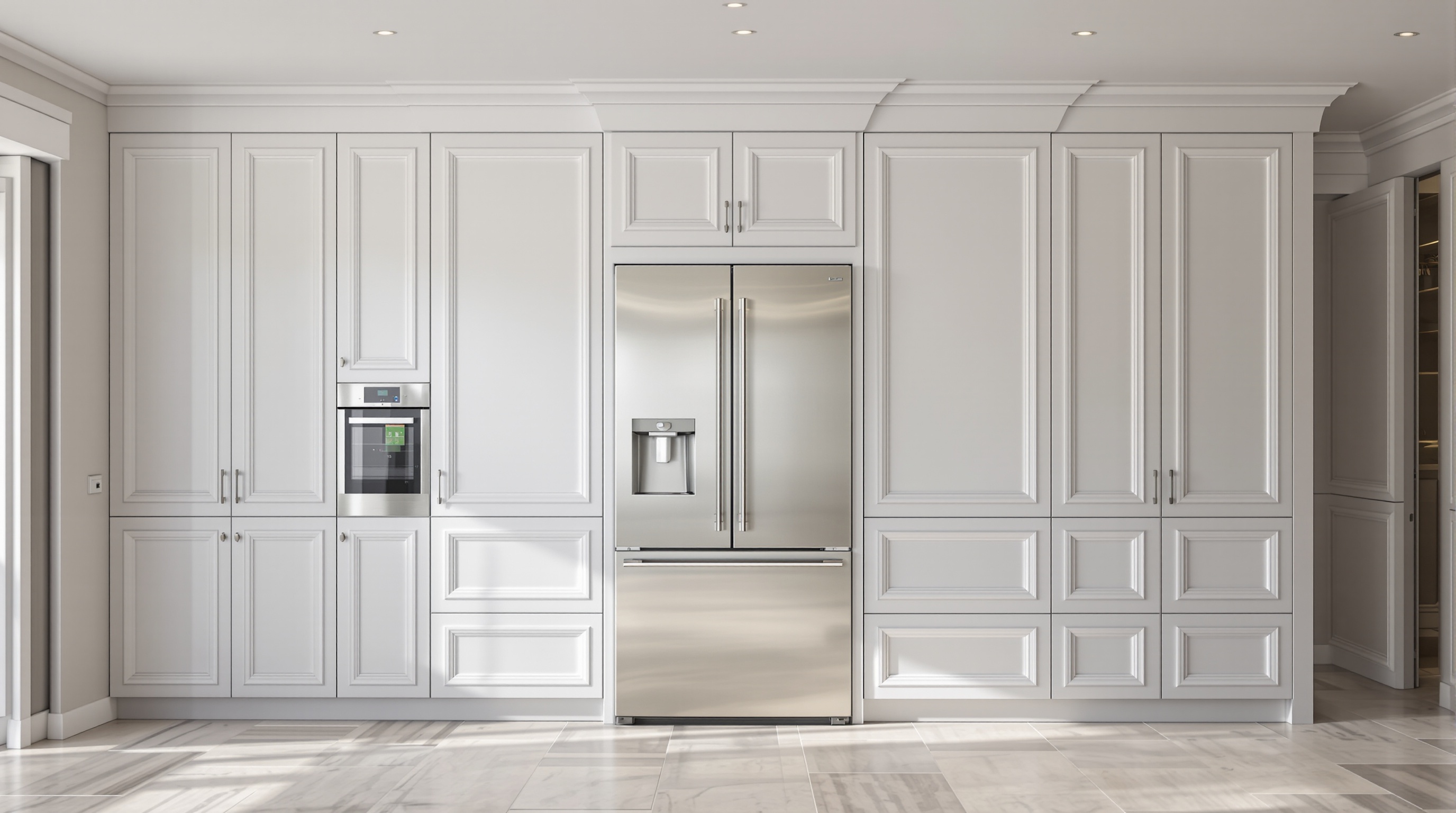Cuisine moderne avec réfrigérateur intégrable camouflé dans le meuble