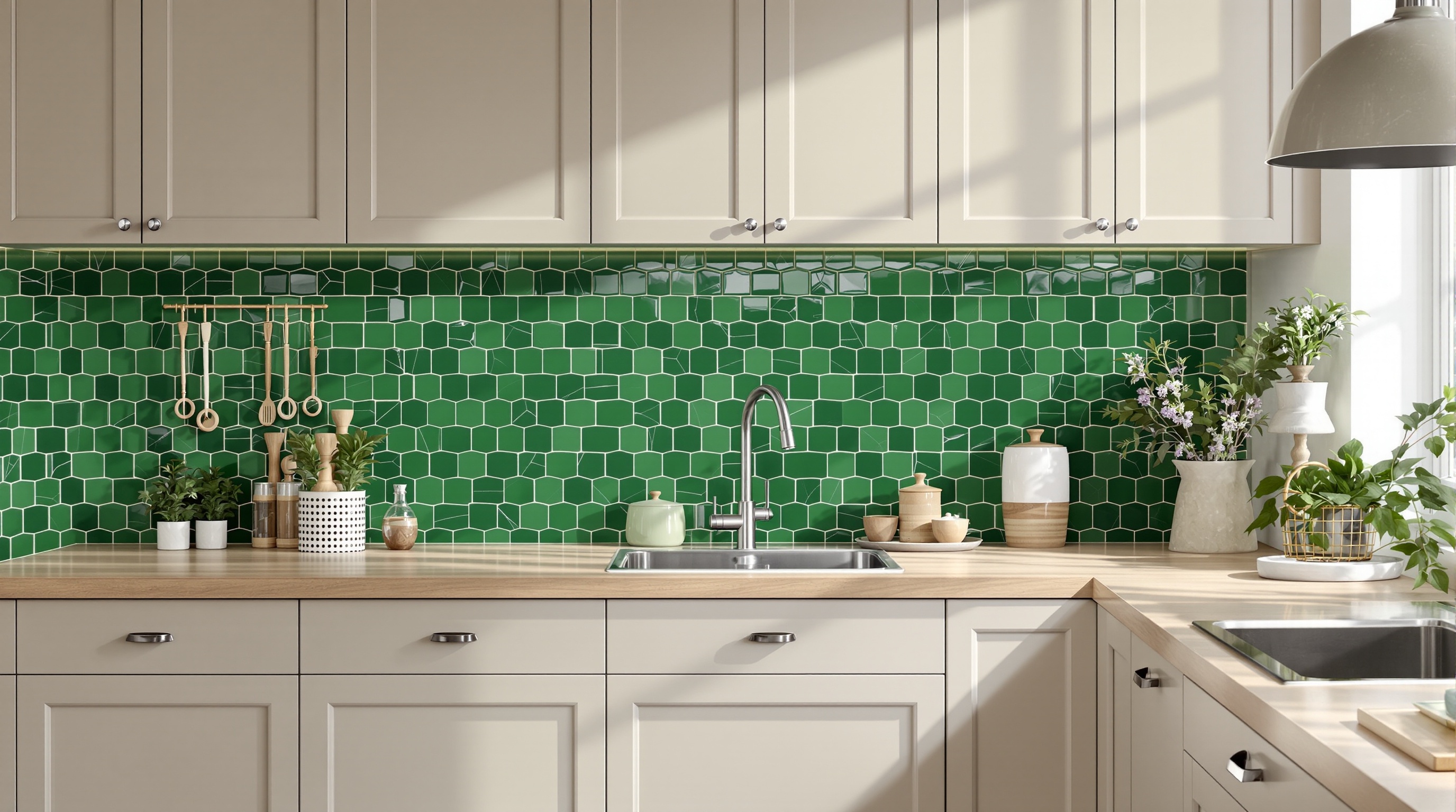 Cuisine moderne taupe mat, plan de travail bois chêne clair, crédence zellige vert profond