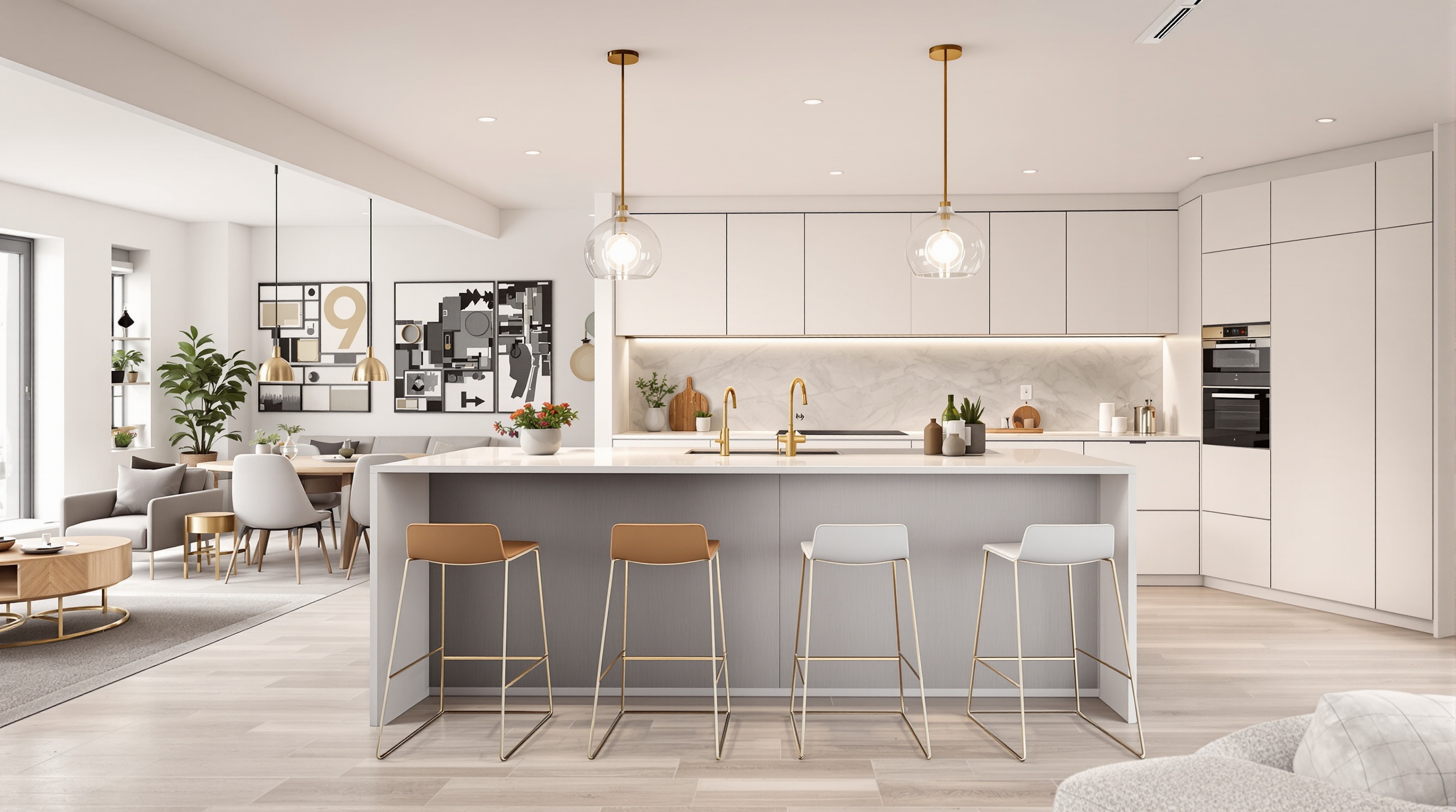 Cuisine ouverte moderne avec îlot multifonction délimitant subtilement les espaces.