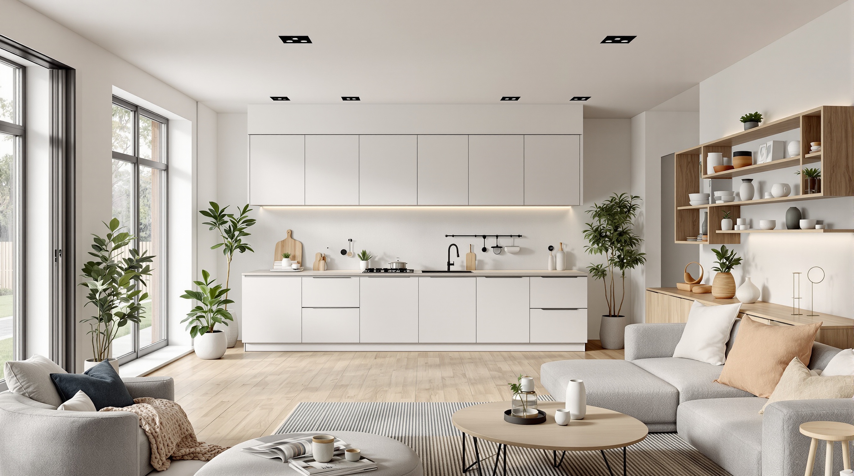 Cuisine ouverte scandinave intégrée harmonieusement avec le salon grâce aux rappels bois clair et blanc.