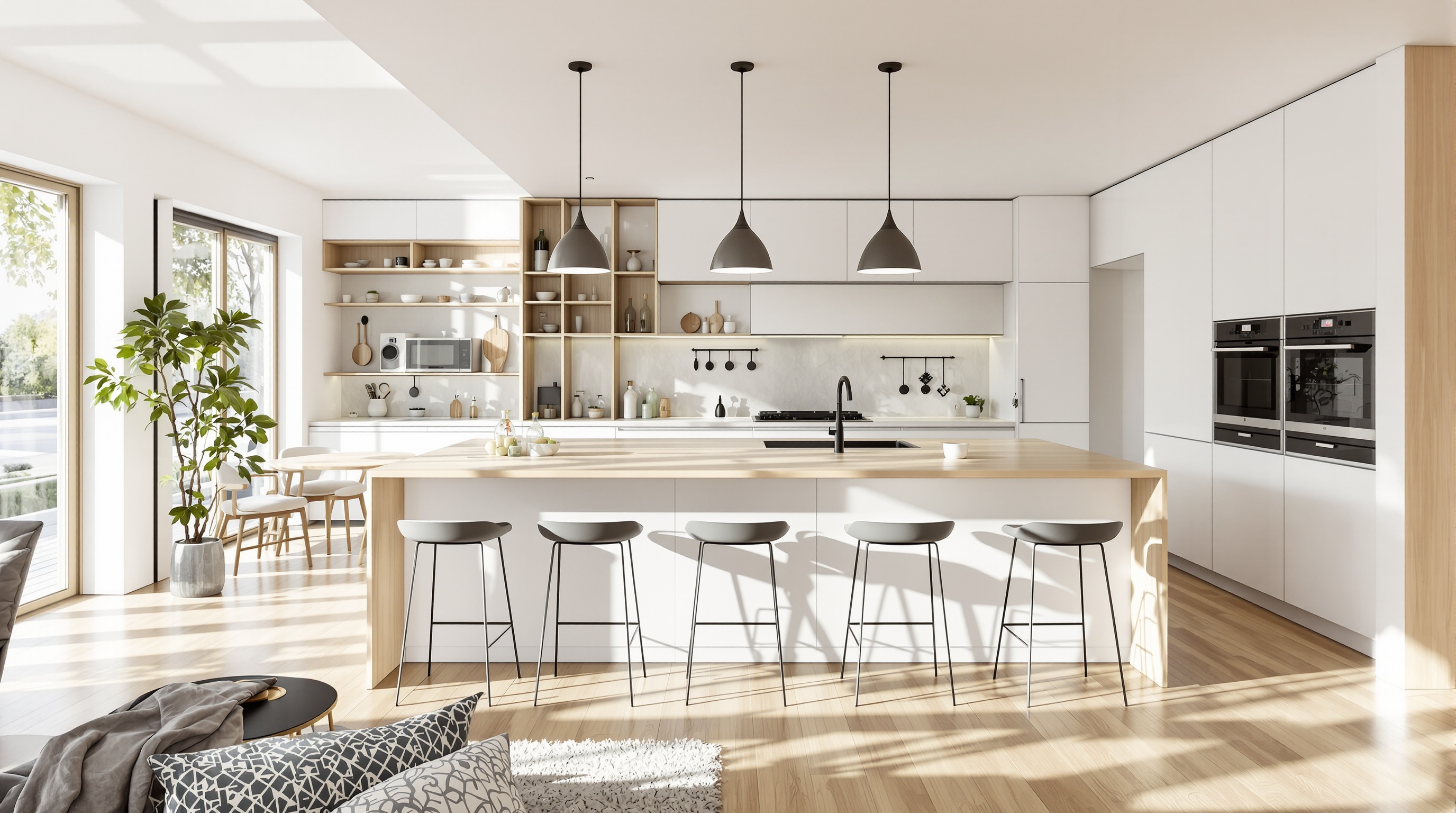 Cuisine parallèle moderne ouverte sur salon avec bar et tabourets, façades blanches et plan bois clair