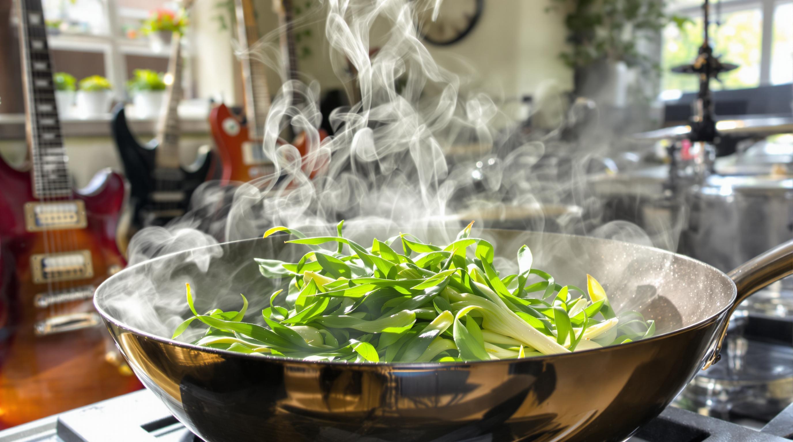 Aillet printanier sauté au wok dans une cuisine