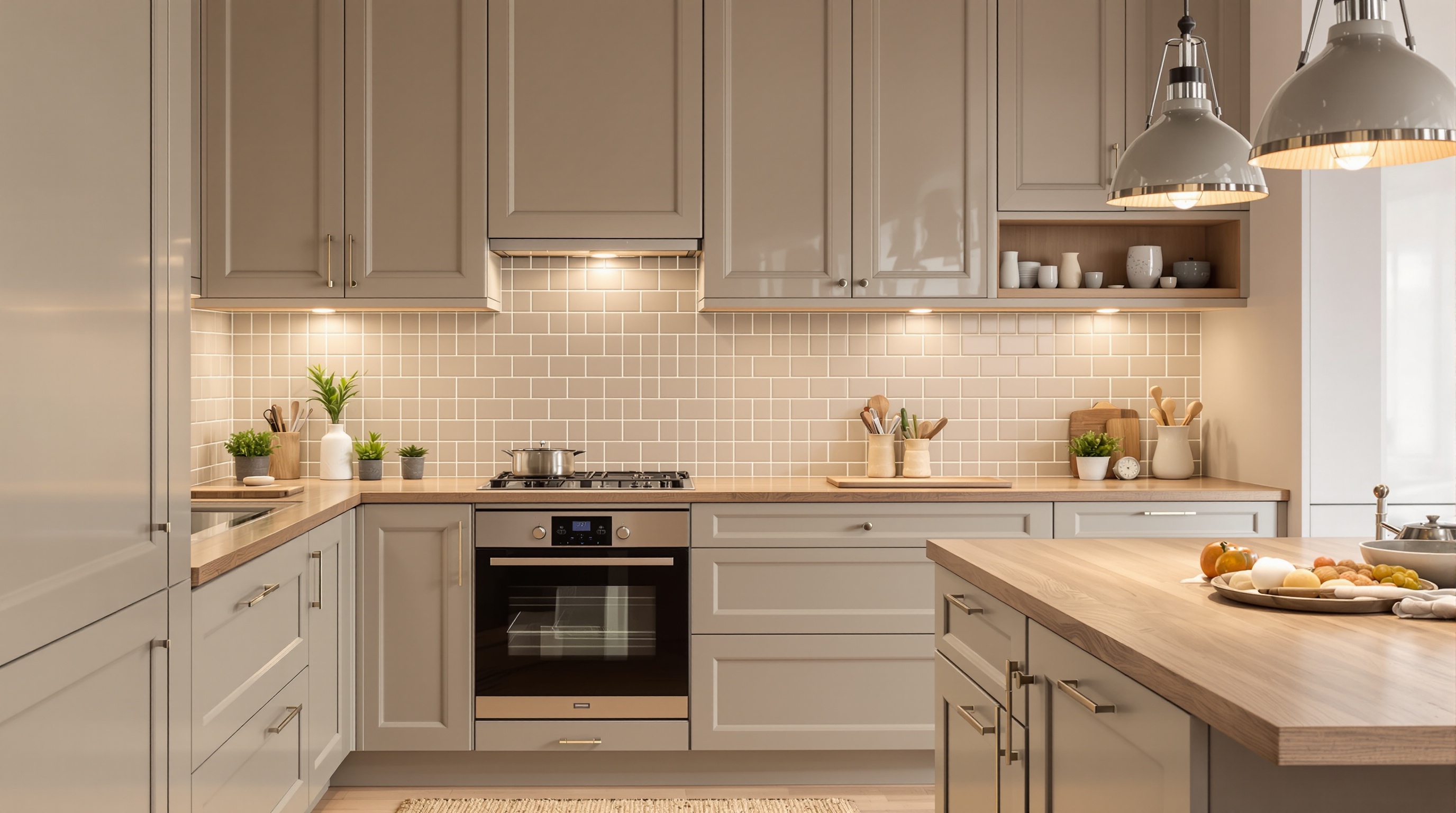 Cuisine taupe bien éclairée avec textures variées