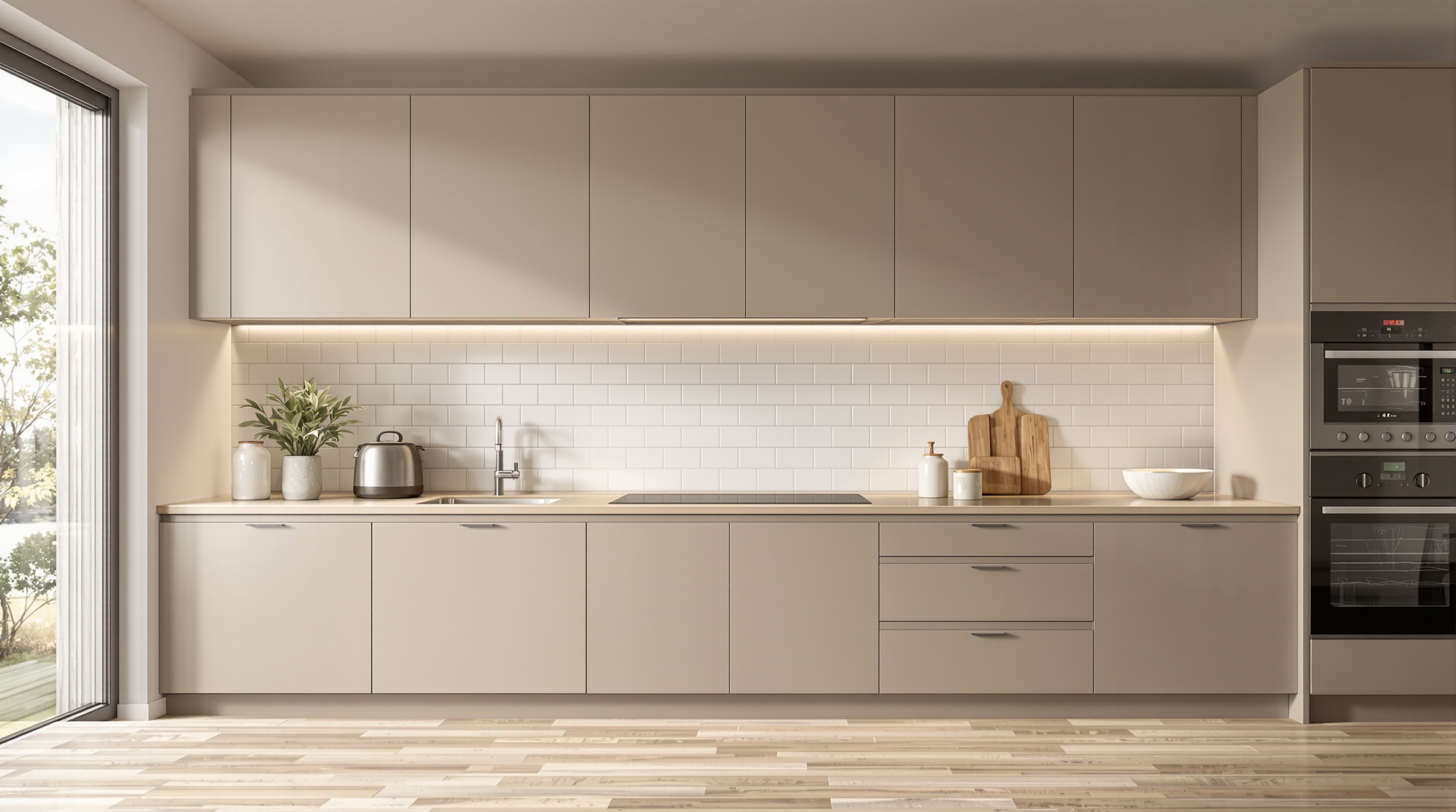 Cuisine taupe en total look, ambiance fade et monotone