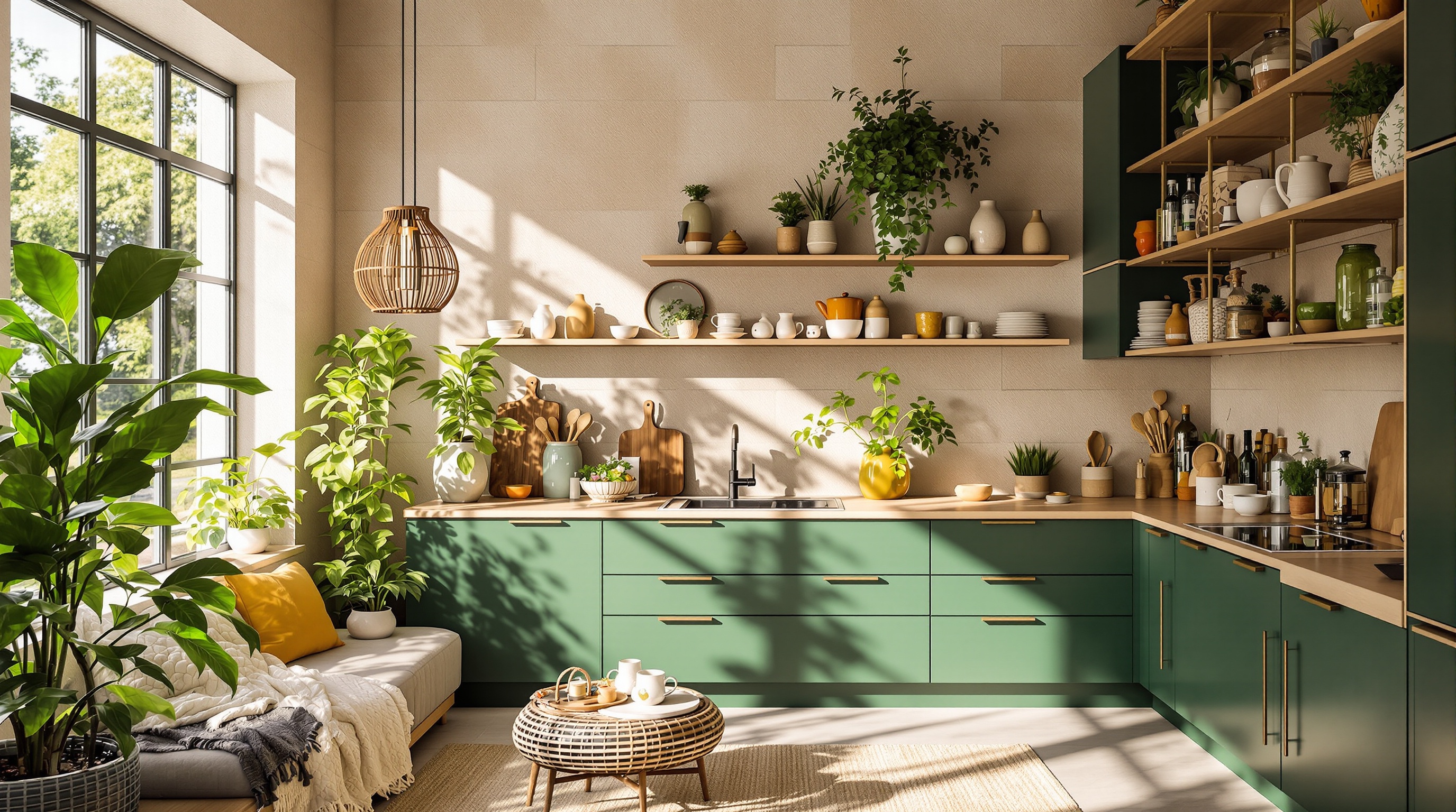 Cuisine tendance 2025 couleurs naturelles vert beige accent vif